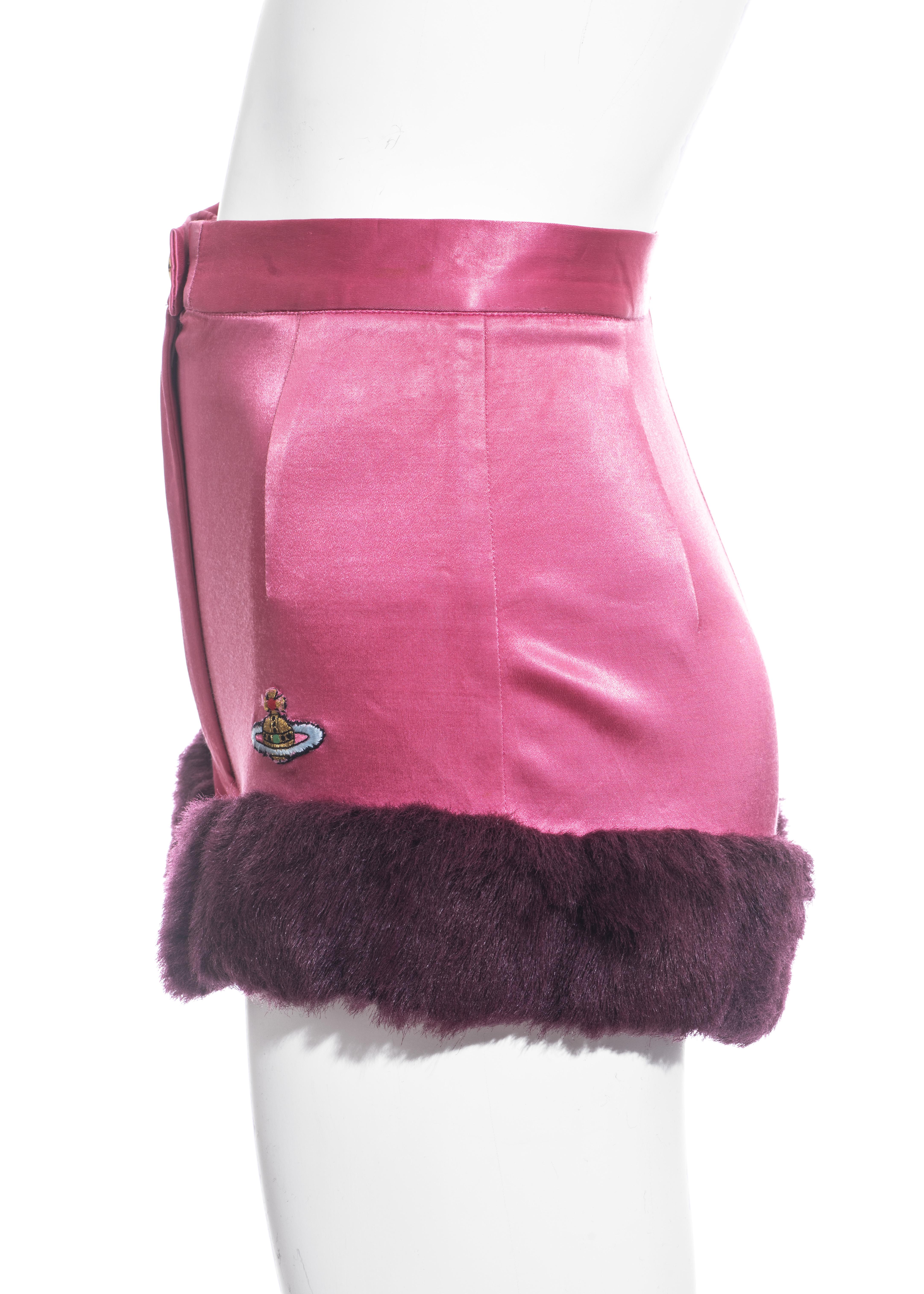 Pink Vivienne Westwood pink satin mini shorts with faux fur, fw 1991