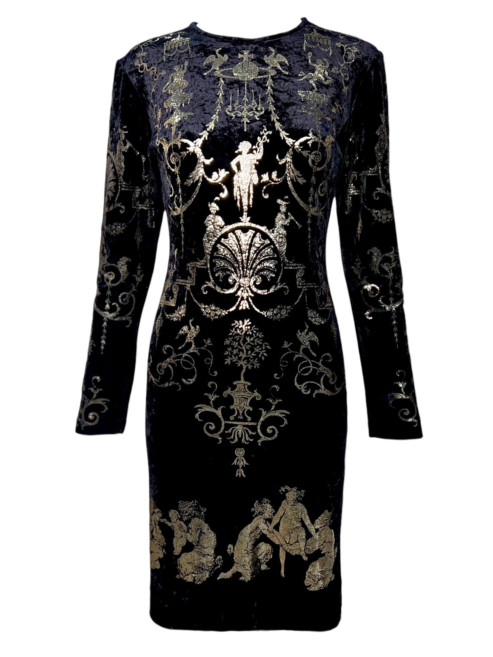 Vivienne Westwood Portrait A/W Vestido Boulle de terciopelo negro dorado, 1990/1991 en venta