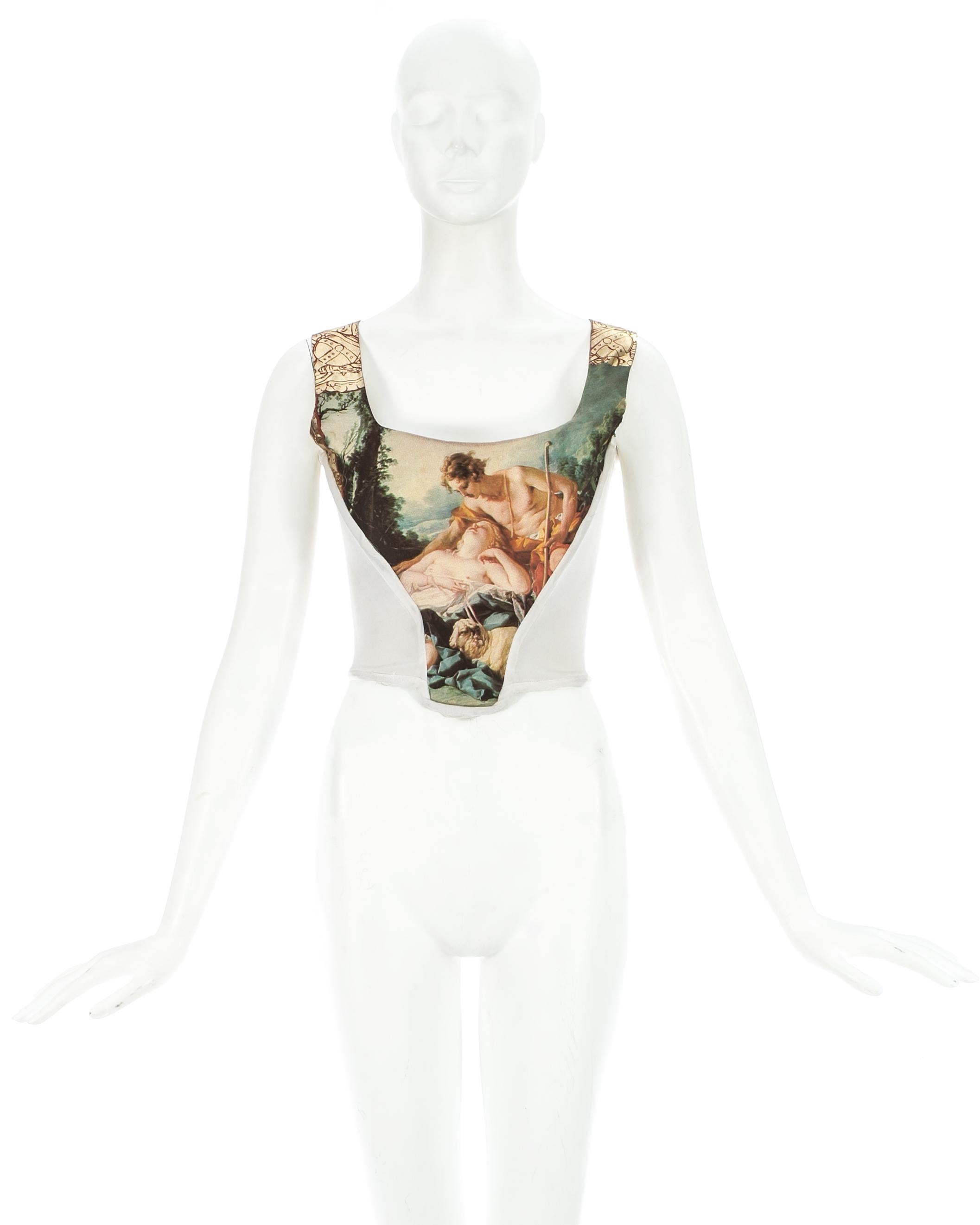 Vivienne Westwood; evening corset with front panel print of the François Boucher oil painting 'Daphnis and Chloe' (c. 1743), internal boning and zip fastening at centre back seam.

'Portrait Collection' Fall-Winter 1990