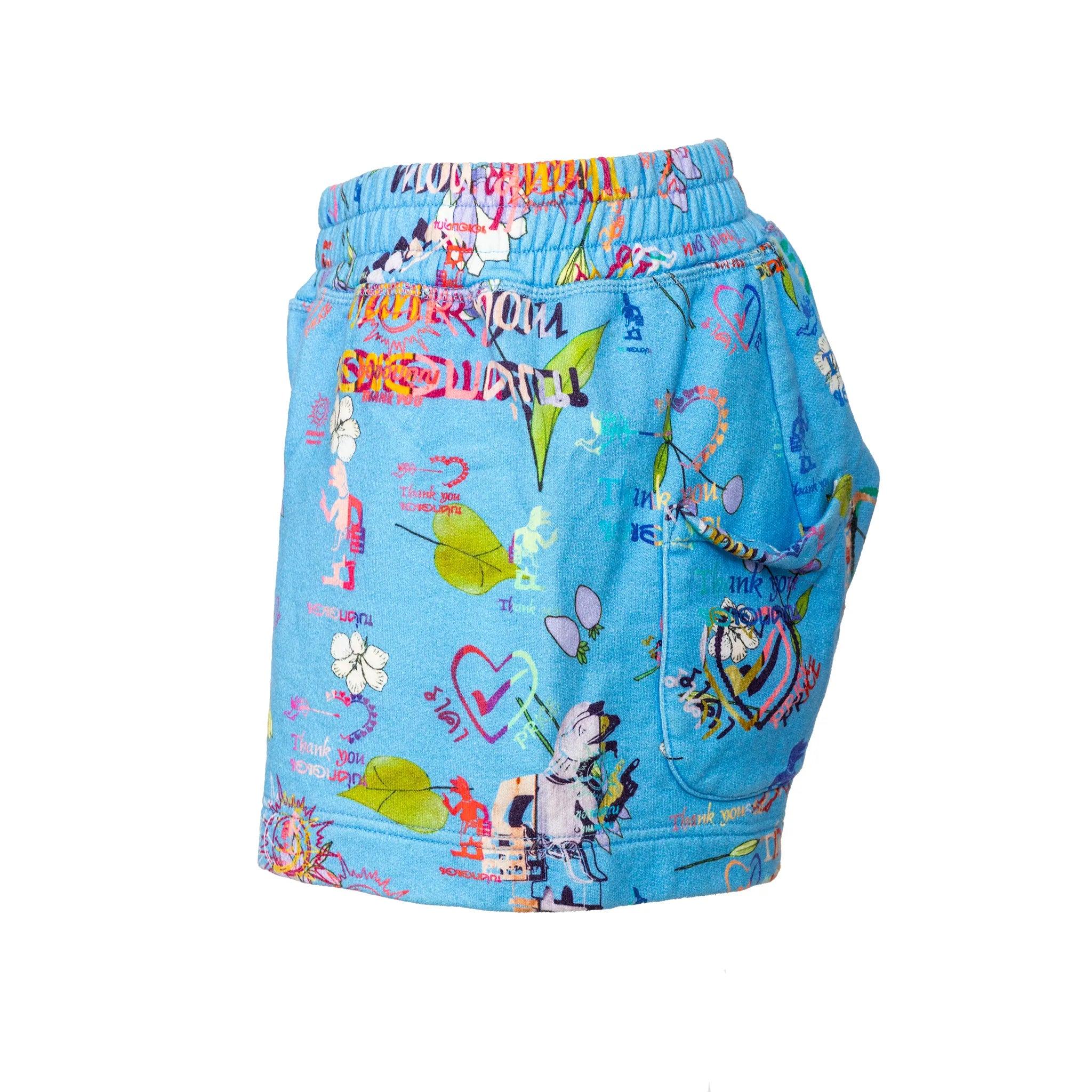These light blue Straight and loose fit cotton shorts by Vivienne Westwood from 2010s. Logo graphic printed throughout, with elasticized waistband and back pocket.  
 Measurements: Waist:36;Hip:58;Length:32  
 Material: 100% Cotton