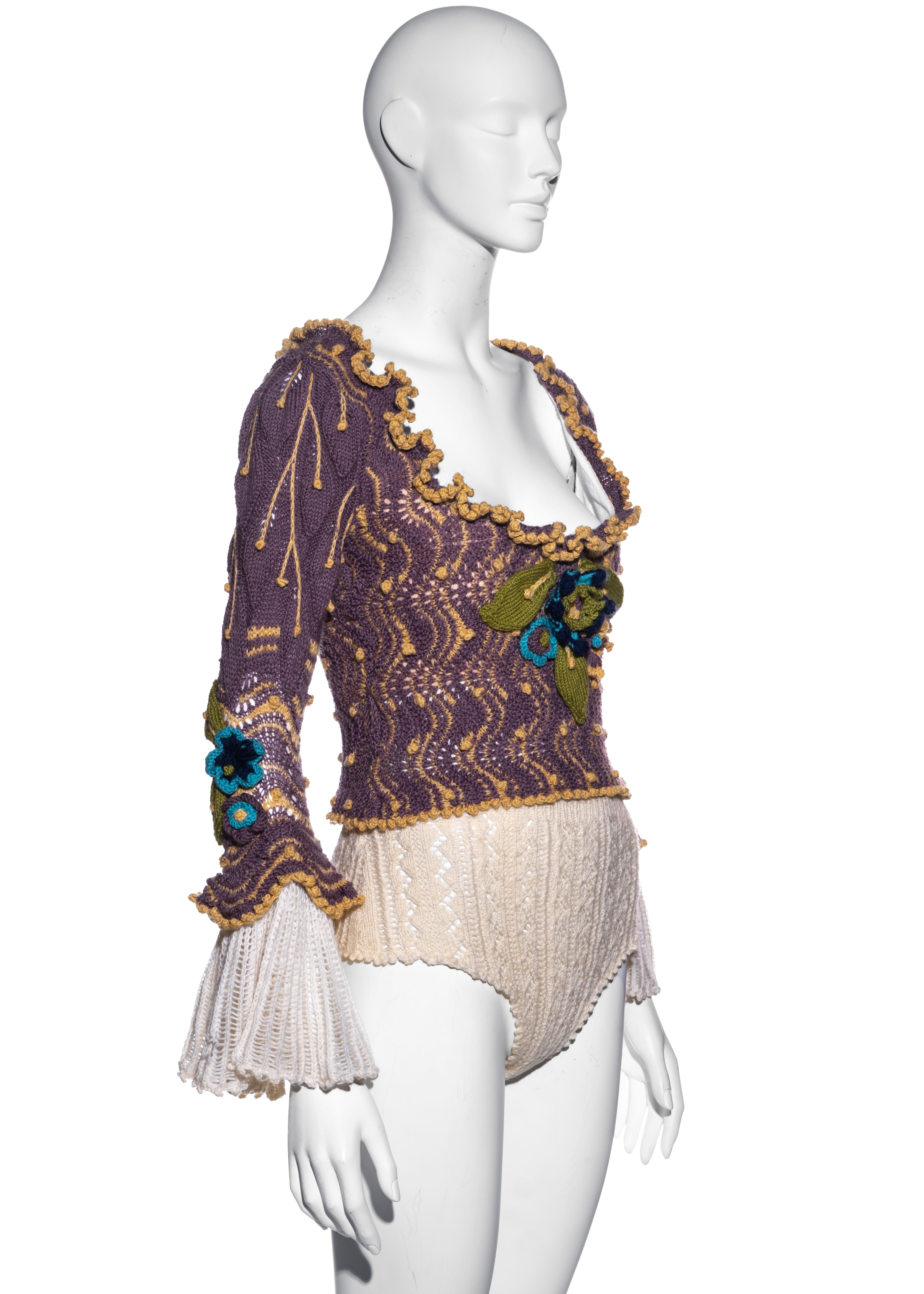 Beige Vivienne Westwood purple crochet knit corset and panties set, fw 1994