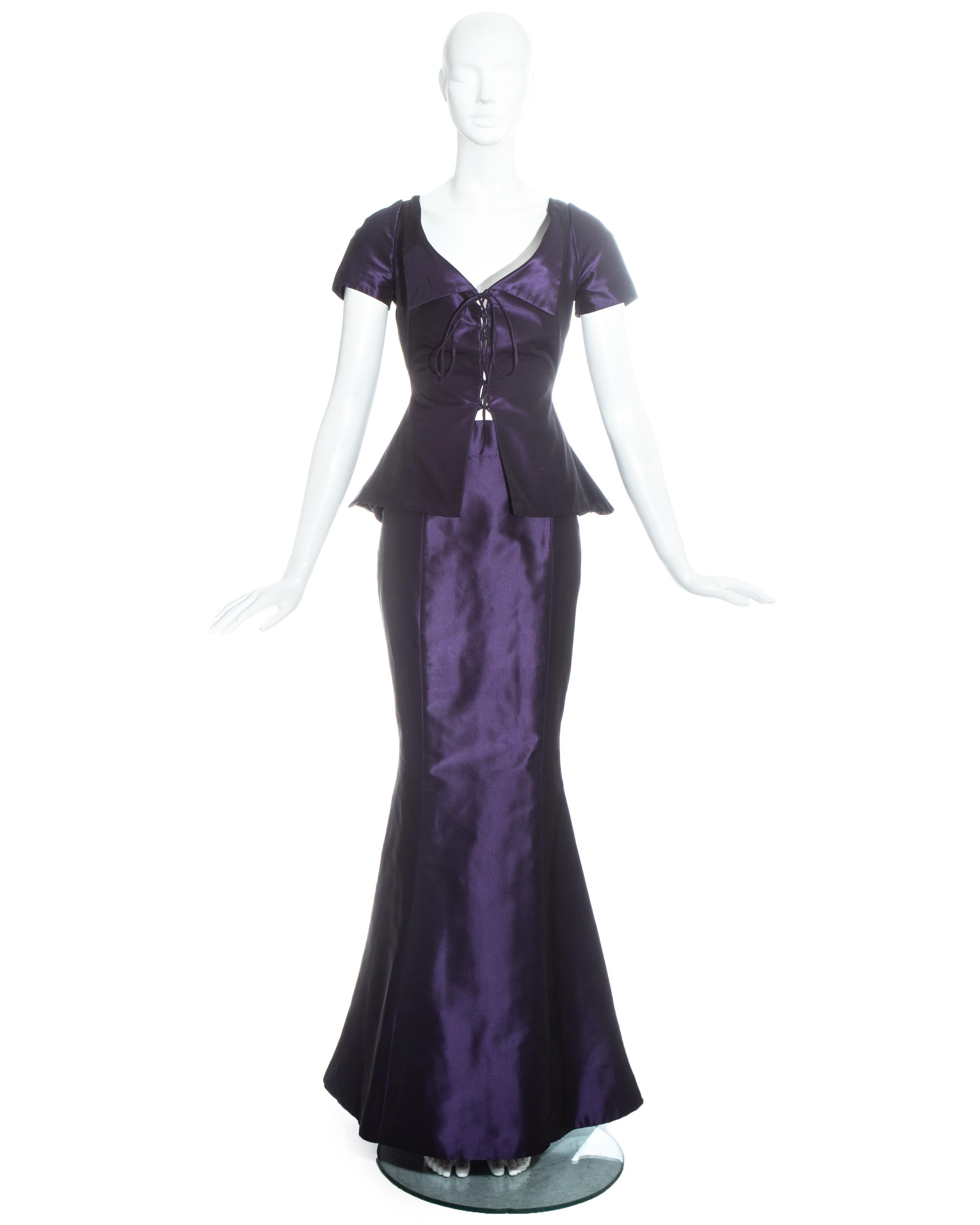 Vivienne Westwood Couture purple silk taffeta evening ensemble. High waisted hip hugging mermaid maxi skirt and pleated corset top with lace up fastening. 

c. 1997