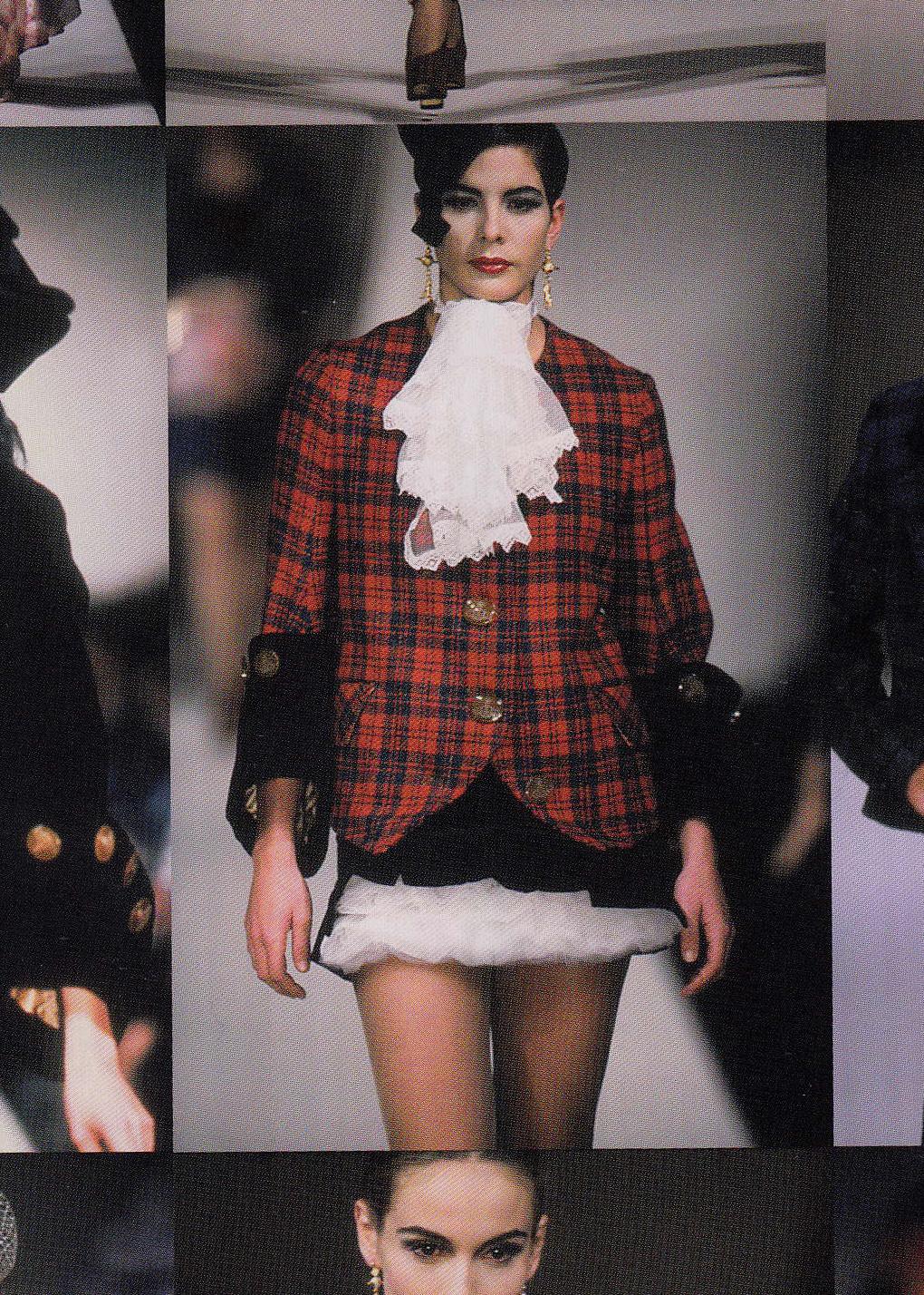 Black Vivienne Westwood red checked tweed and black velvet skirt suit, fw 1991 For Sale