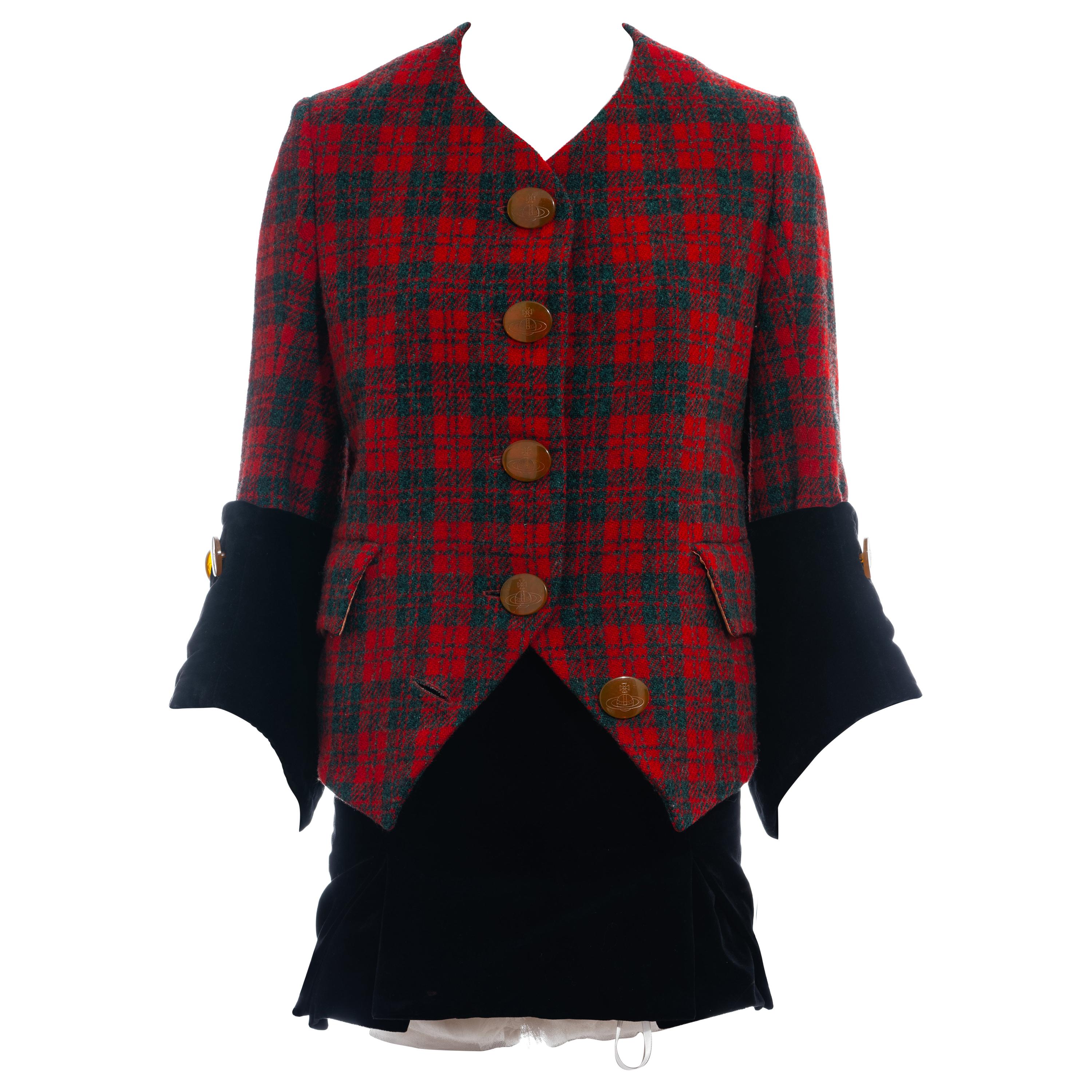 Vivienne Westwood red checked tweed and black velvet skirt suit, fw 1991 For Sale