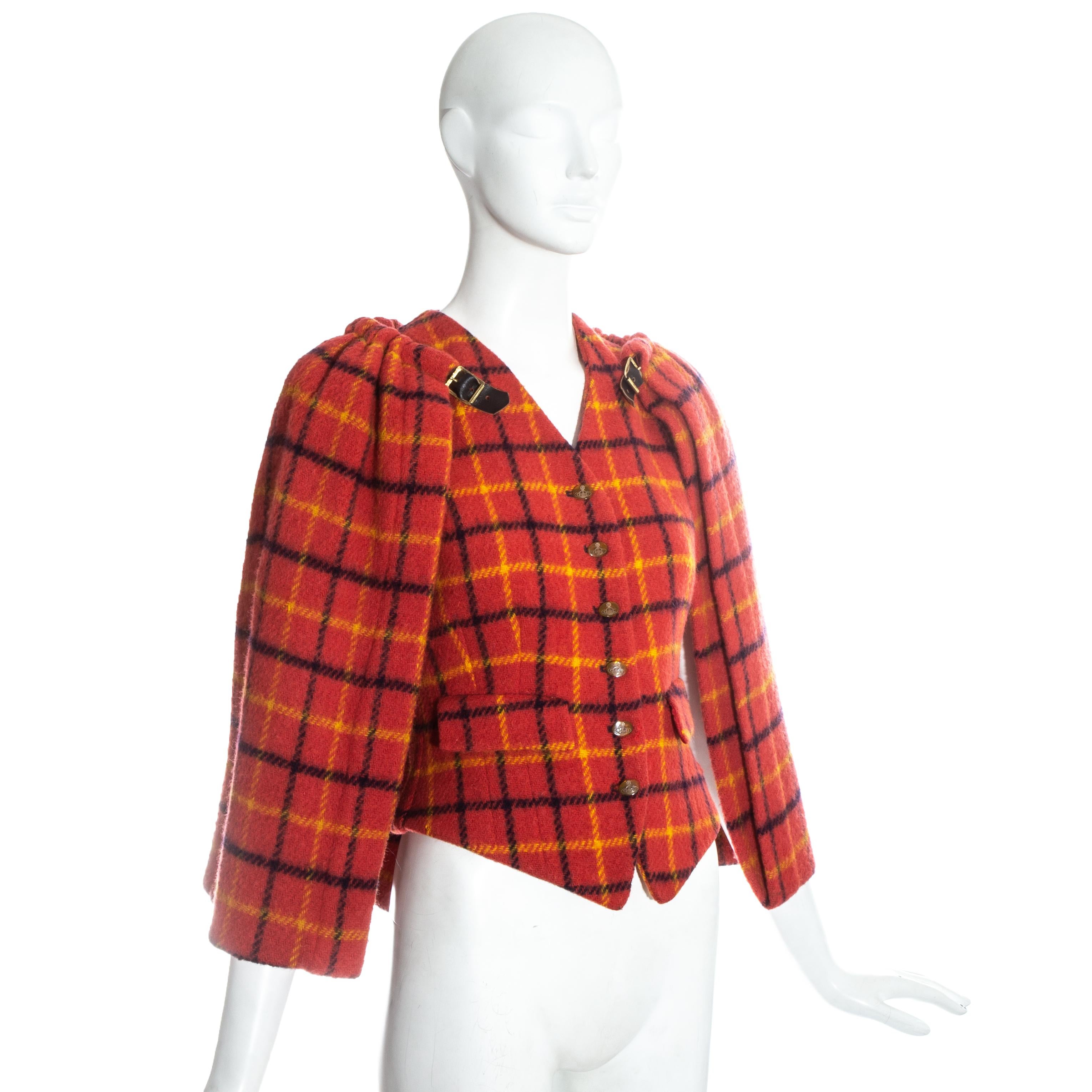 Red Vivienne Westwood red checked wool waistcoat with caplet, fw 1988 For Sale
