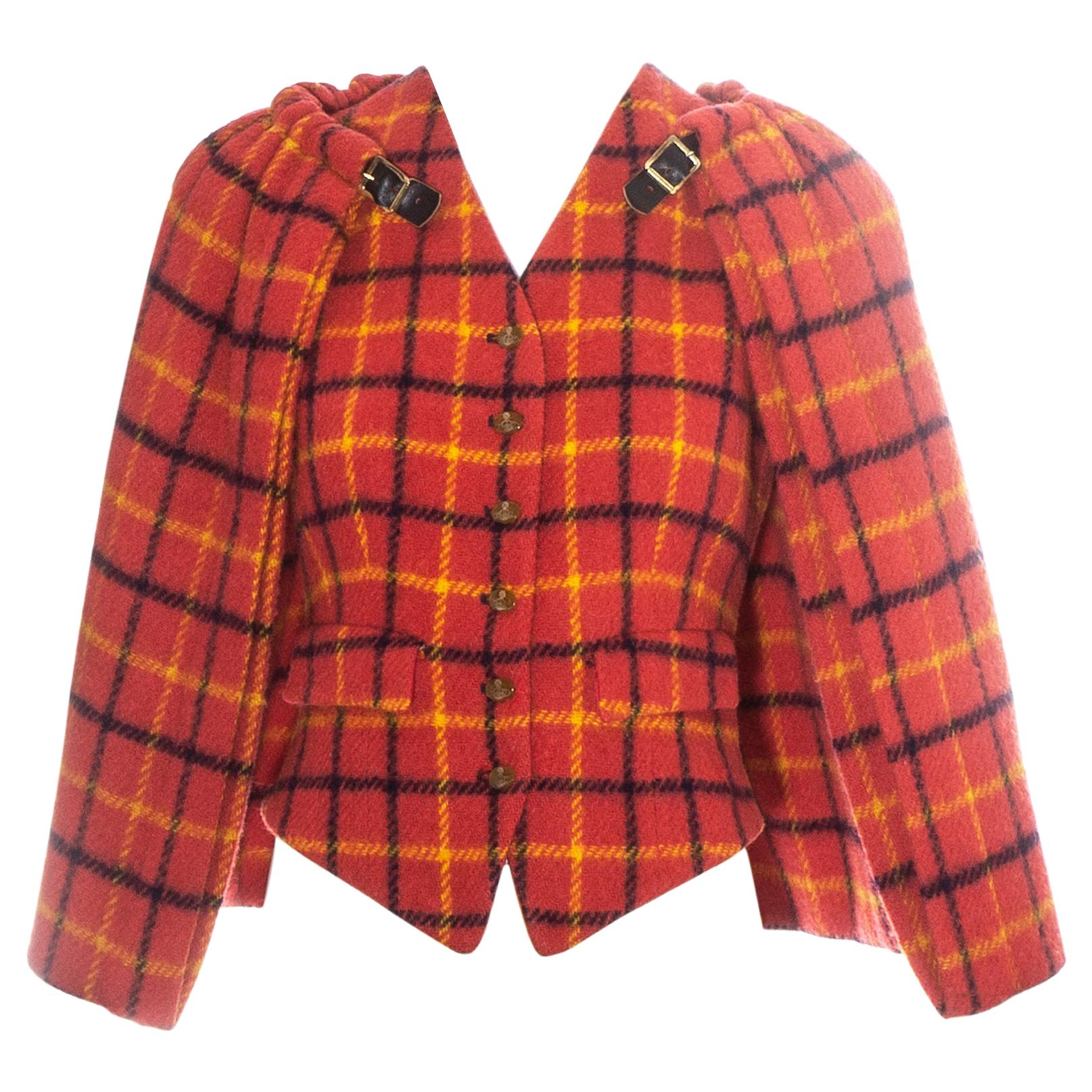 Vivienne Westwood rot karierter Wollmantel mit Kapuze und Mantel mit Kapuze aus Wolle, H/W 1988