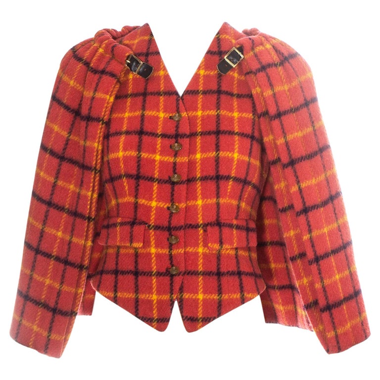 Vivienne Westwood red checked wool waistcoat with caplet, fw 1988 For Sale