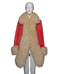 Vivienne Westwood Red Faux Fur Coat with Sheepskin Collar and Cuffs, FW 1990