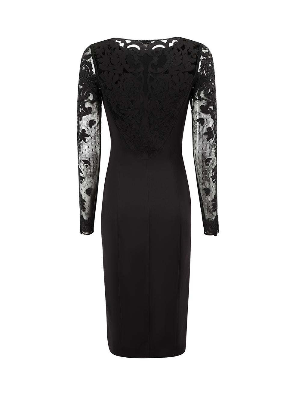 Black Lace Sheer Long Sleeves Knee Length Dress Size S In Good Condition For Sale In London, GB
