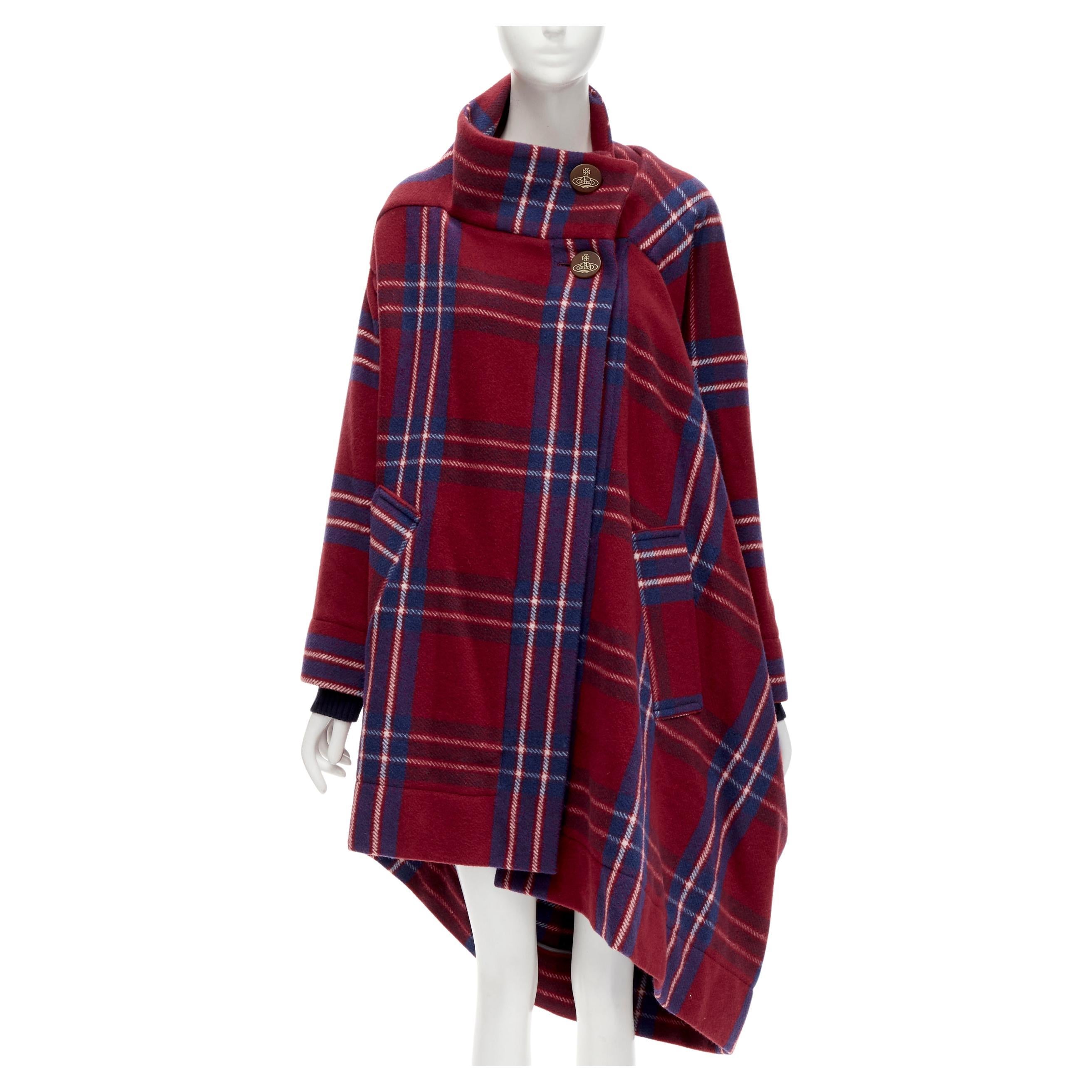 VIVIENNE WESTWOOD RED LABEL red blue wool plaid orb logo button cape US00 XXS