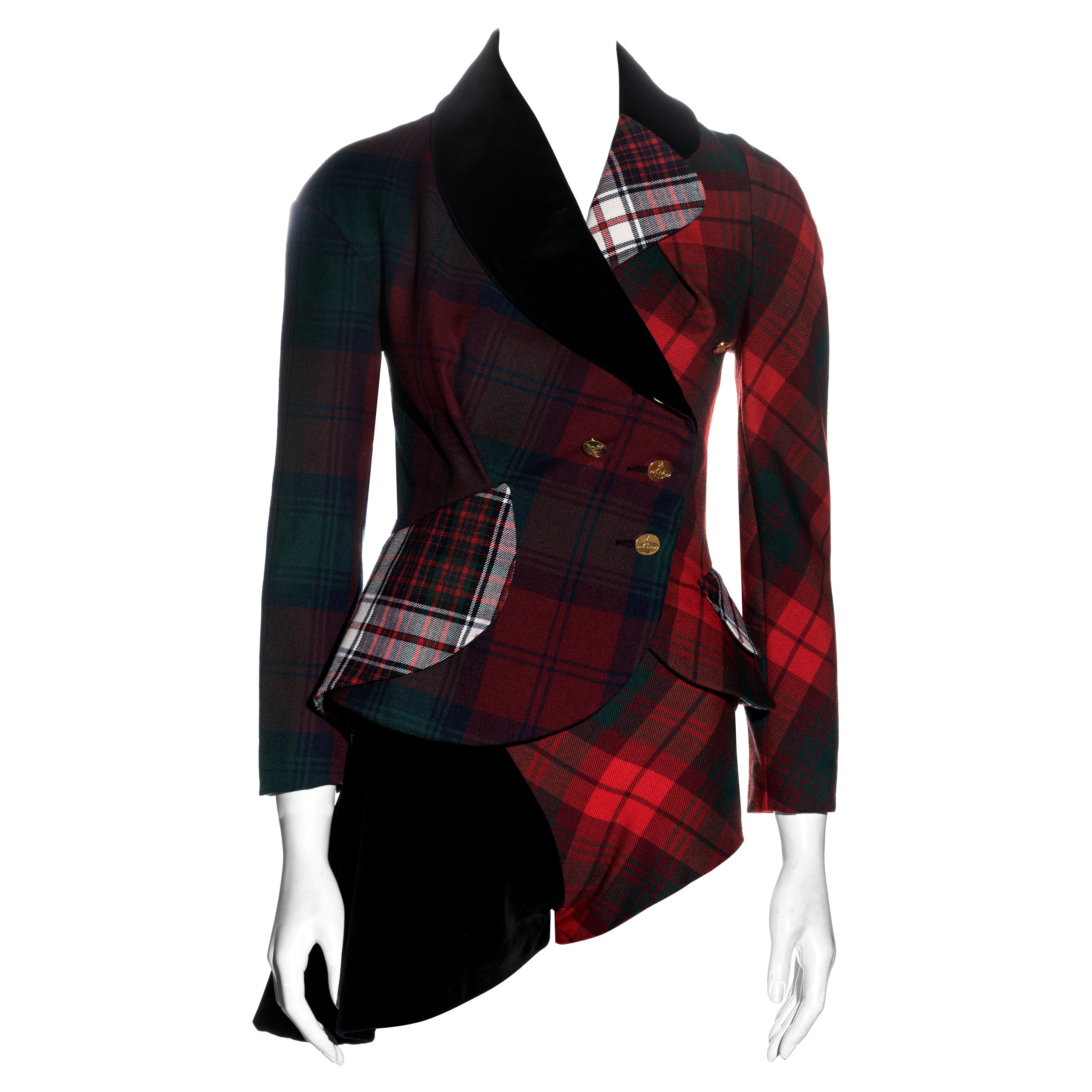 Vivienne Westwood traje de chaqueta y pantalón corto de tartán rojo de lana mixta, fw 1996