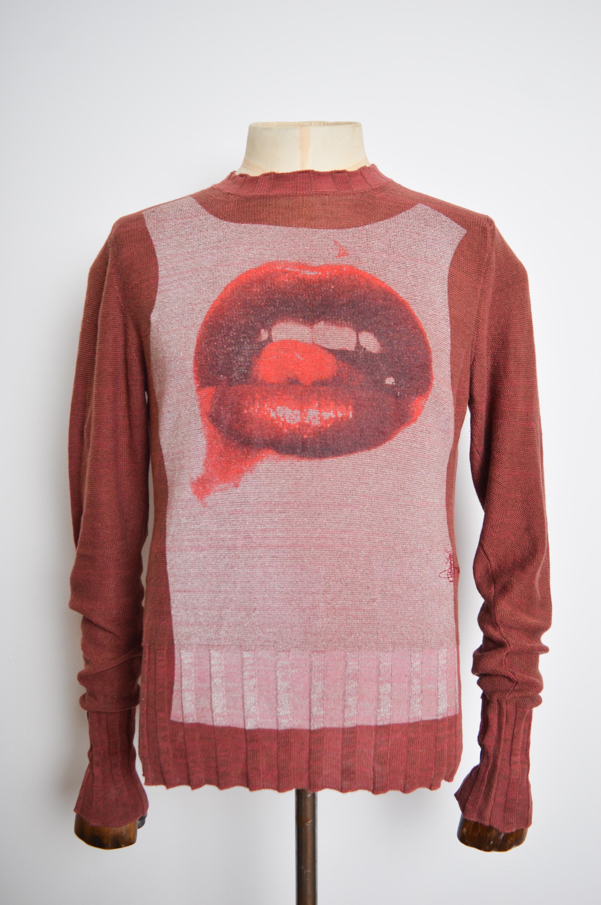 Vivienne Westwood Red Punk Lips Marroon Screen Print Burgundy - Sweater Jumper In Good Condition In Sheffield, GB