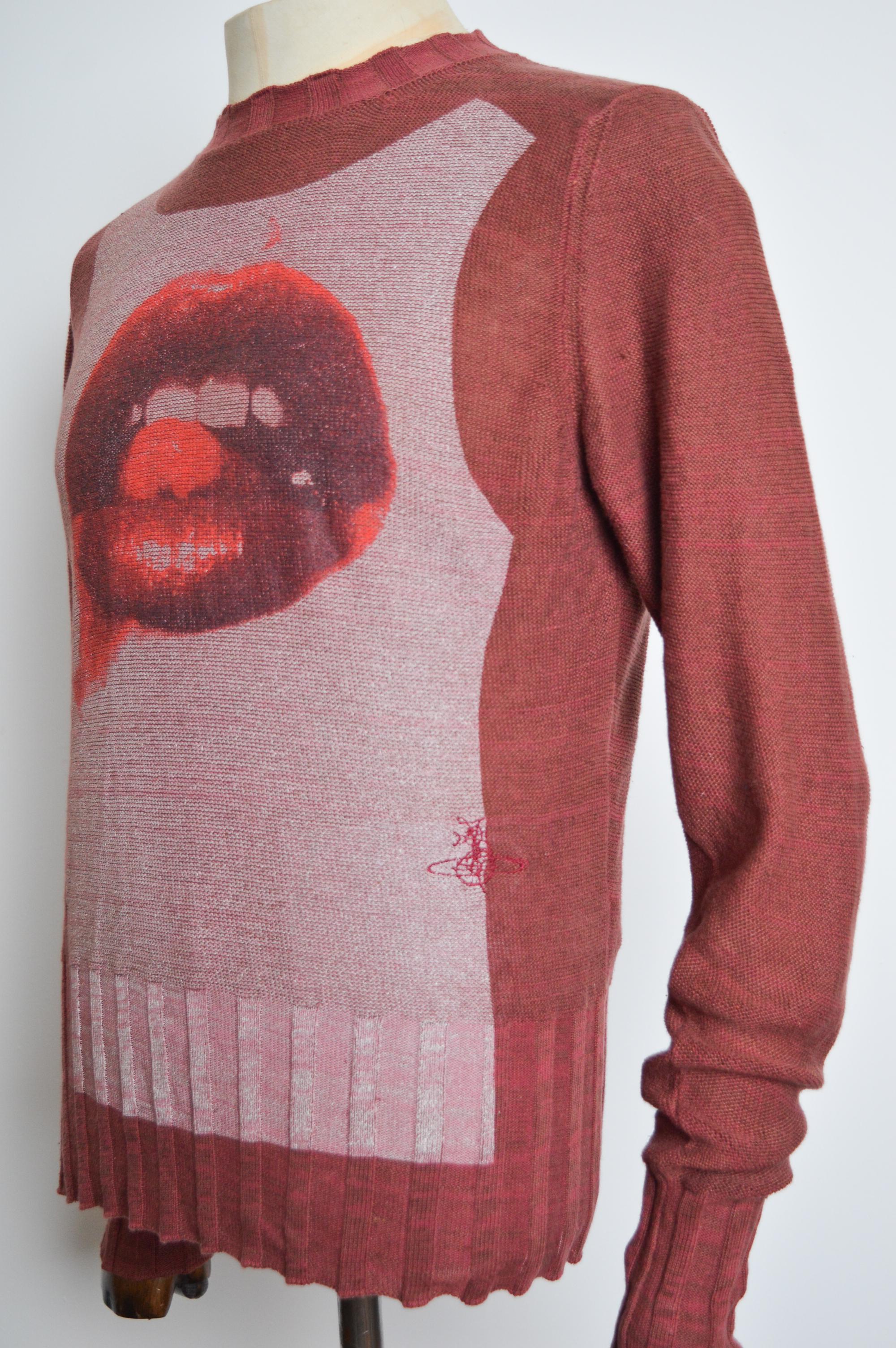 Vivienne Westwood Red Punk Lips Marroon Screen Print Burgundy - Sweater Jumper 5