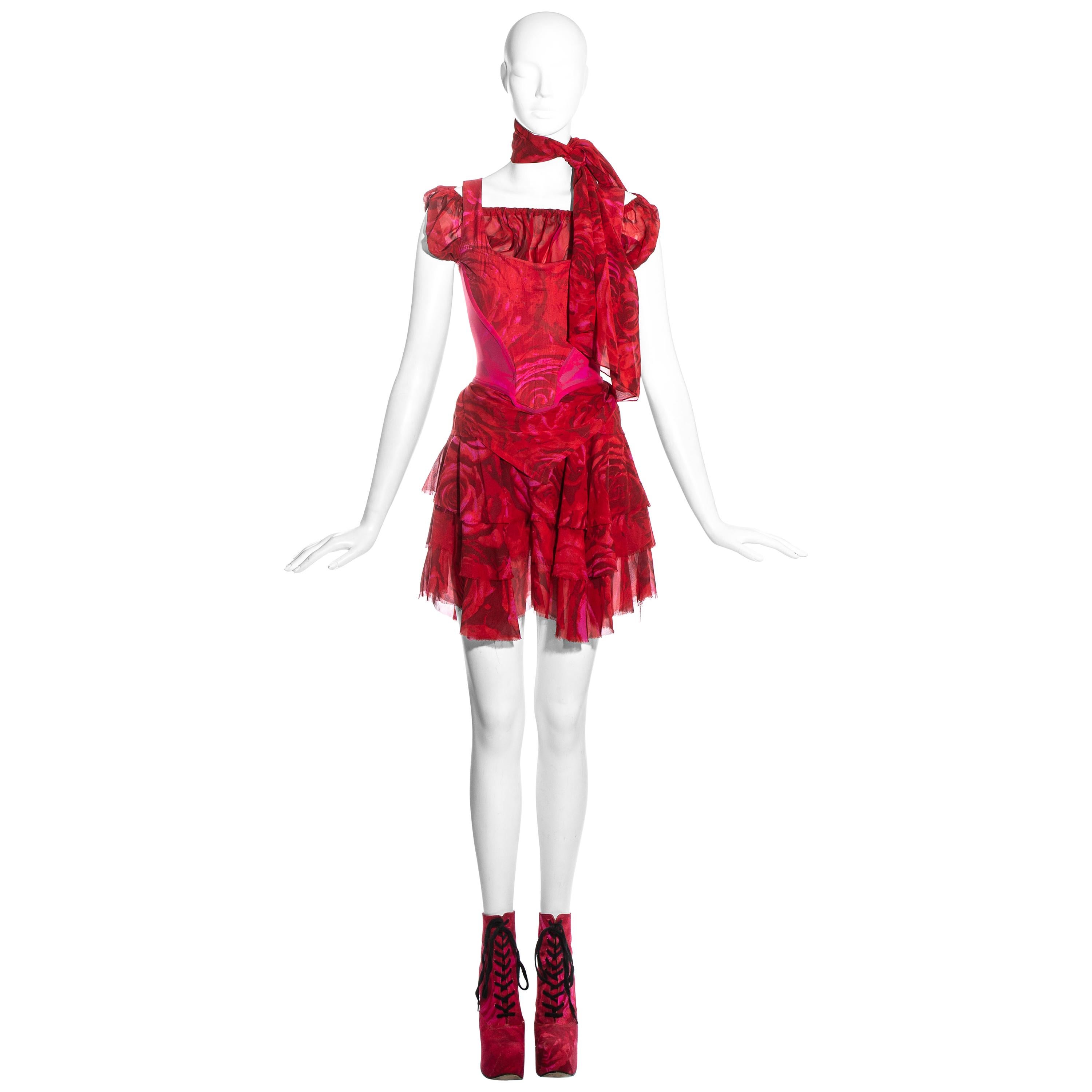 Vivienne Westwood red rose print corset and platforms ensemble, ss 1993