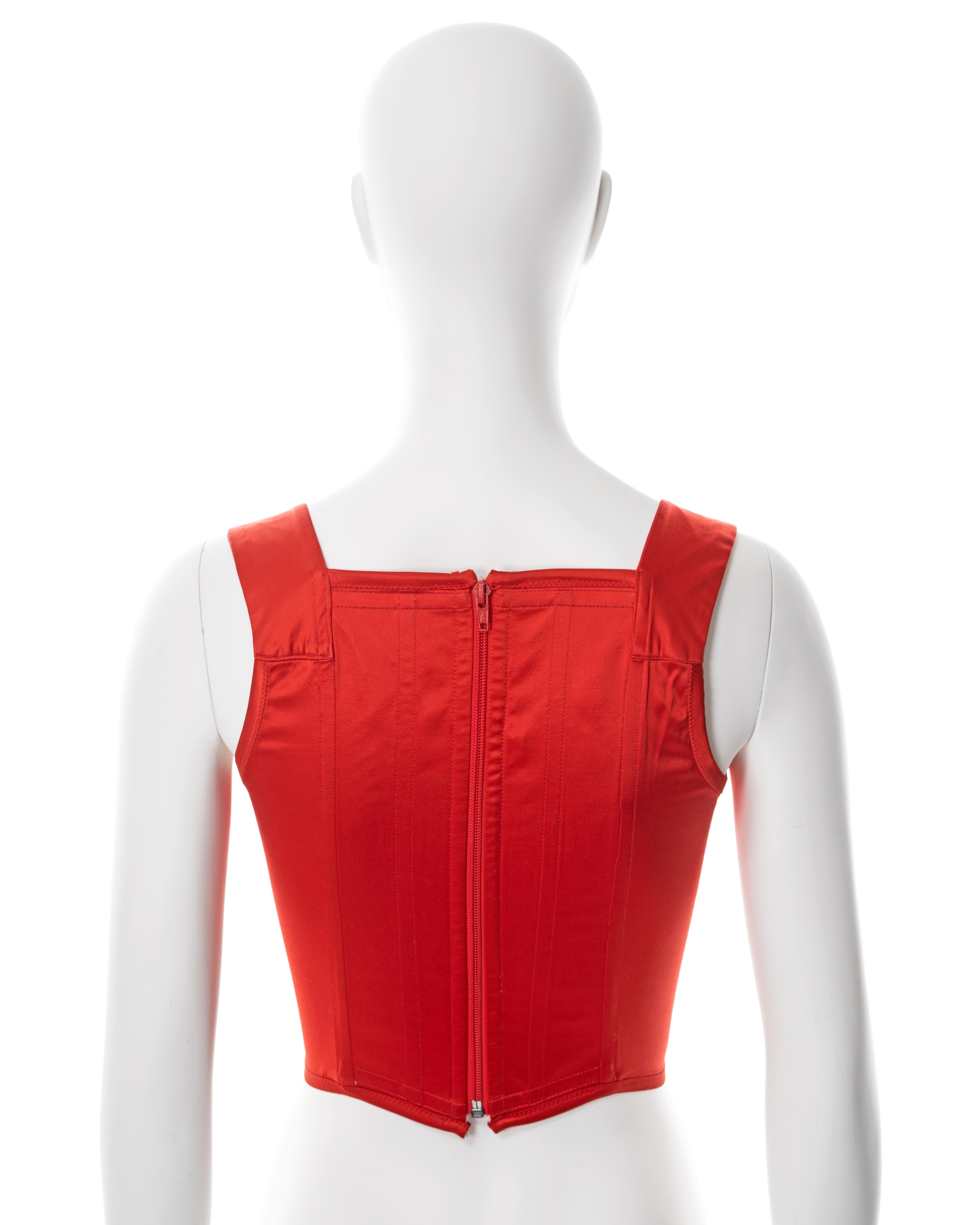 Women's Vivienne Westwood red satin corset with embroidered orb,  c. 1990s For Sale