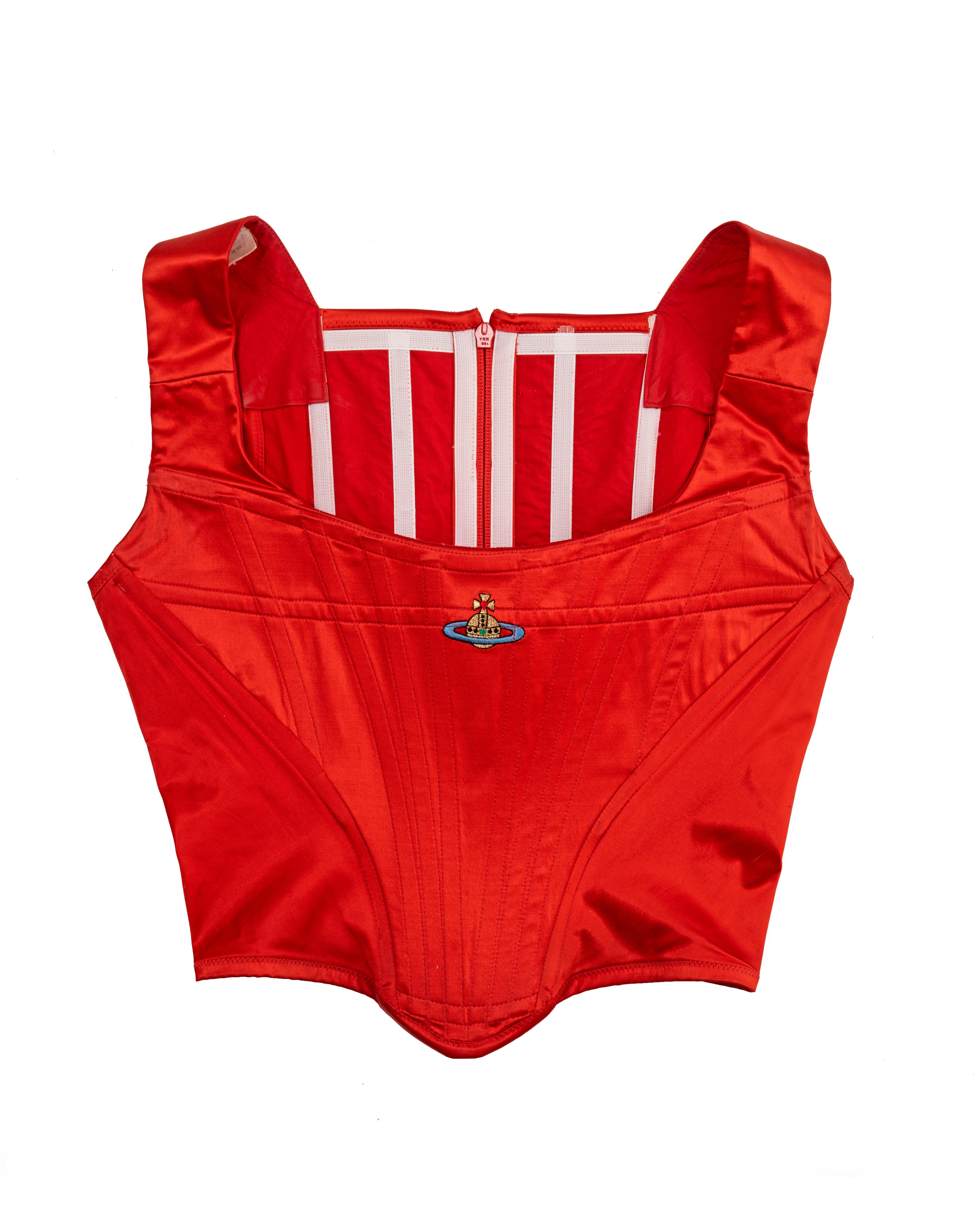 Vivienne Westwood red satin corset with embroidered orb,  c. 1990s For Sale 1