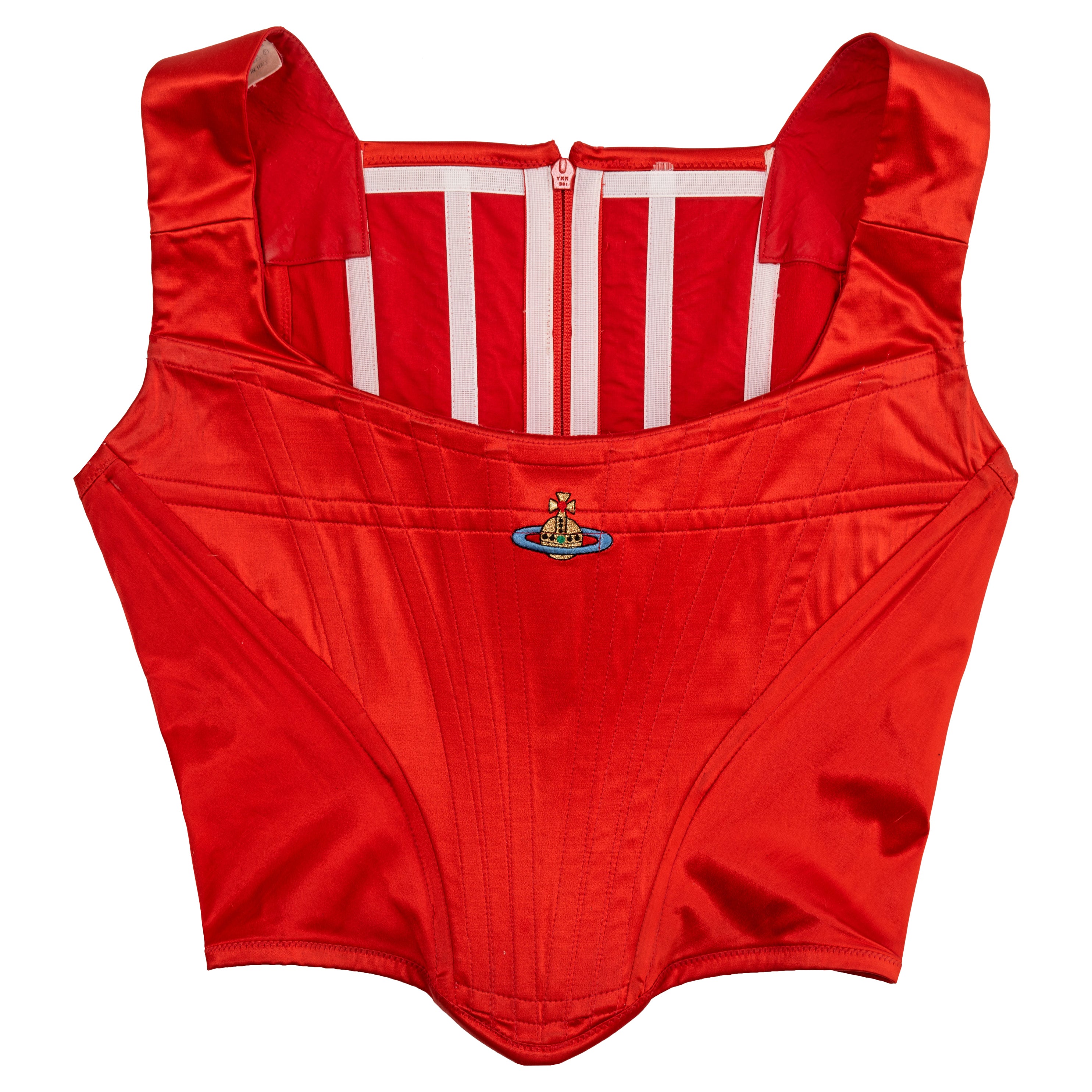 Corsé de raso rojo de Vivienne Westwood con orbe bordado, c. 1990 en venta
