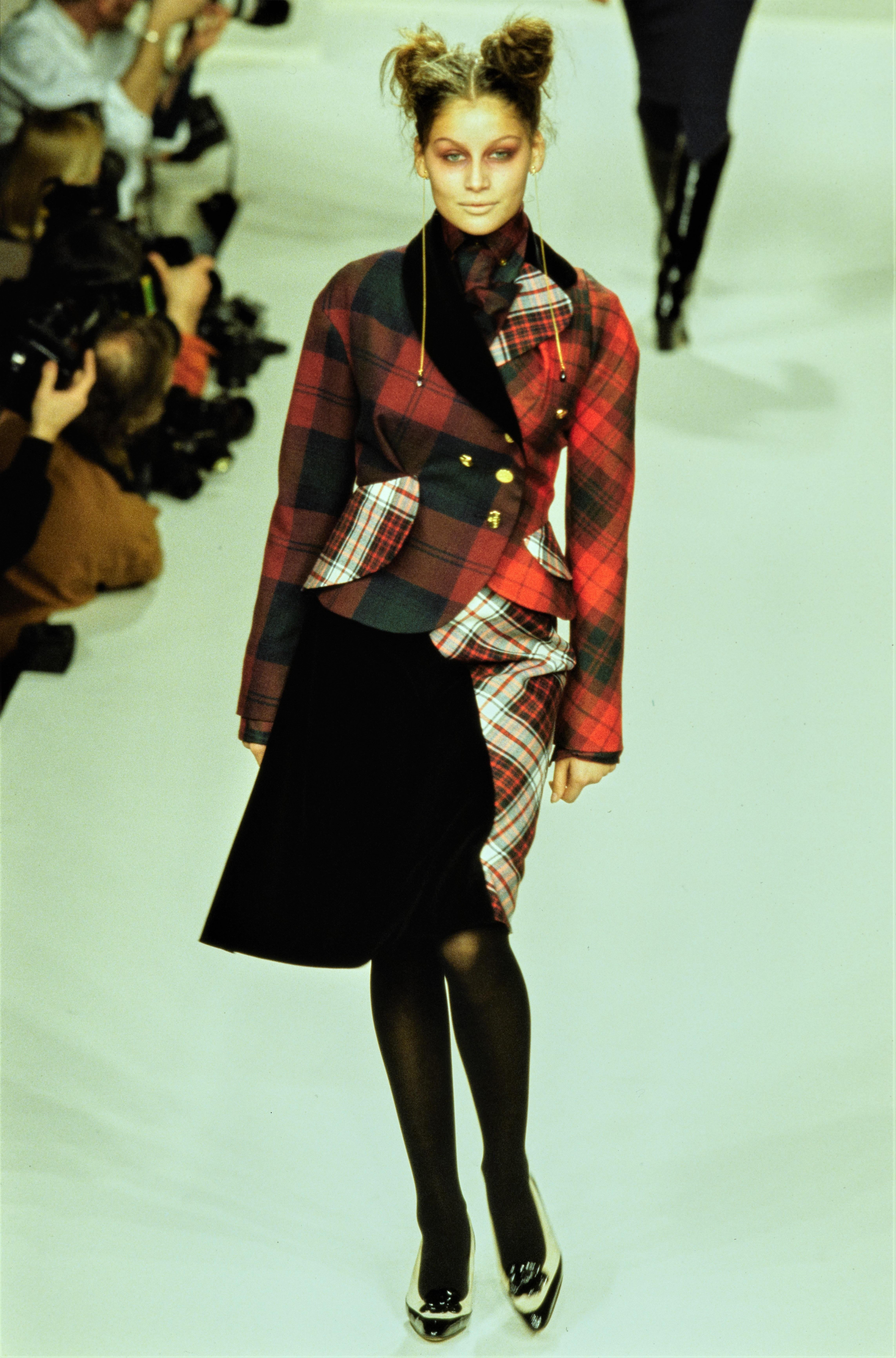 Black Vivienne Westwood red tartan wool and black velvet bias cut shorts, fw 1996