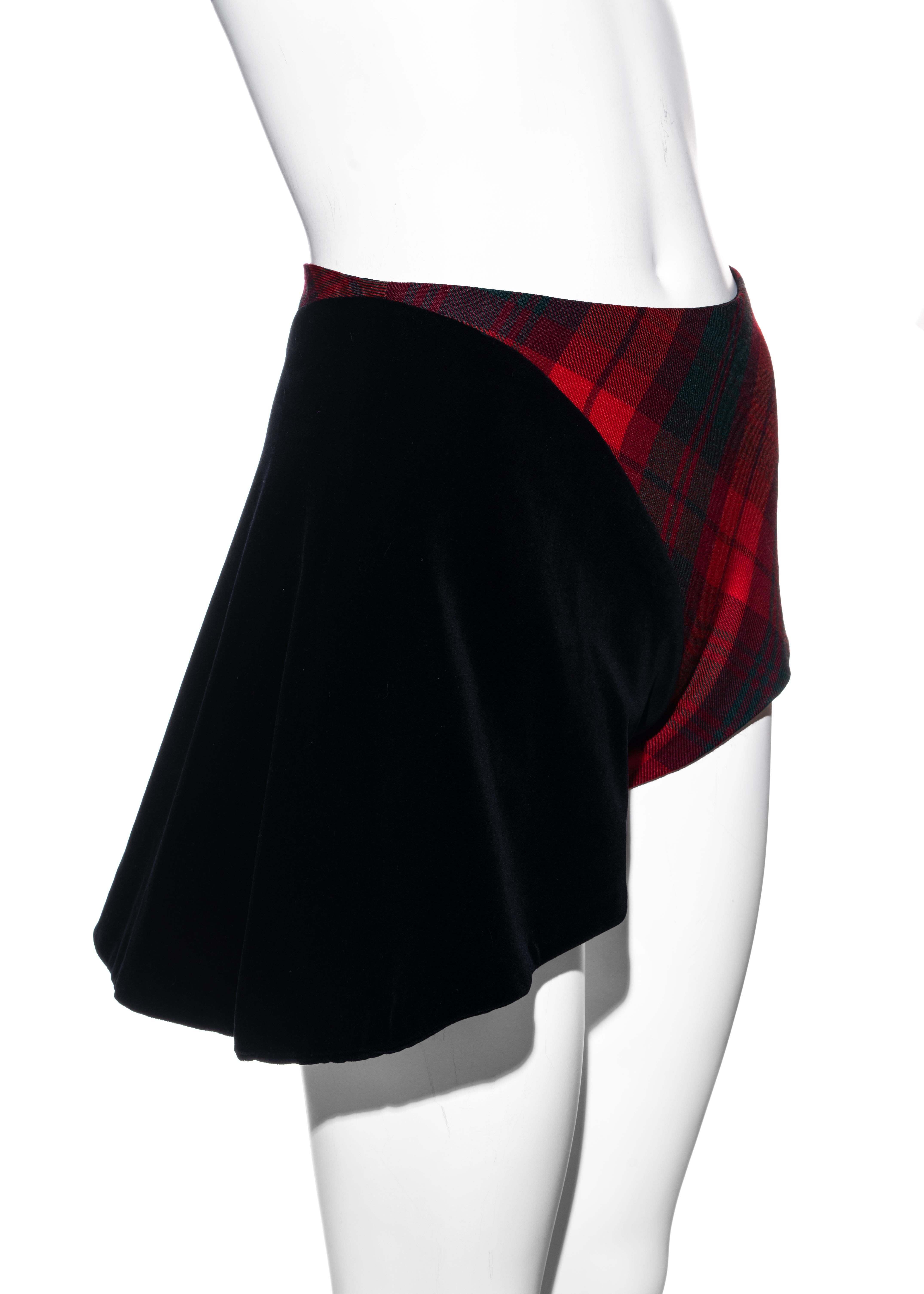 Women's Vivienne Westwood red tartan wool and black velvet bias cut shorts, fw 1996