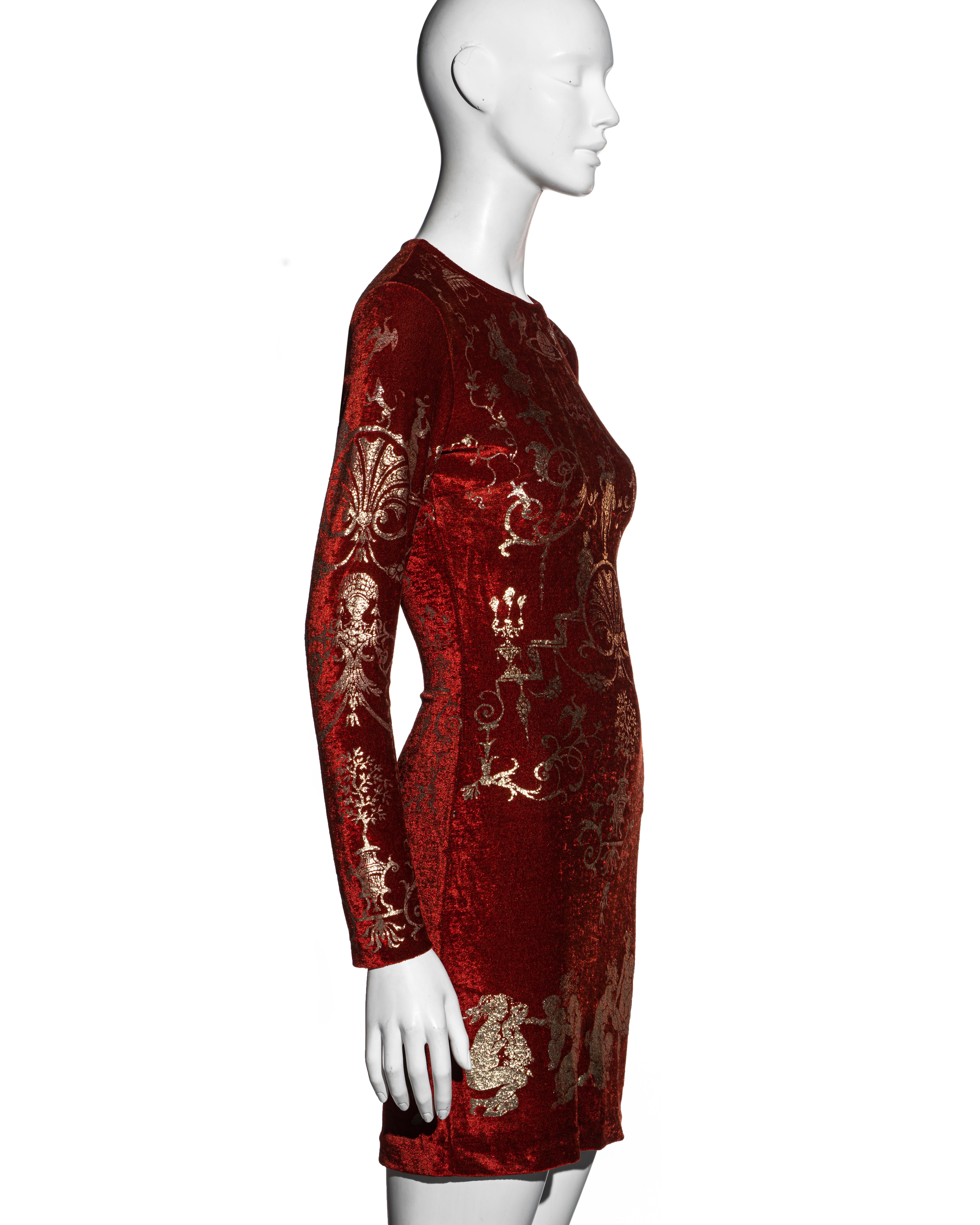Red Vivienne Westwood red velvet bodycon dress with gold foil print, fw 1991