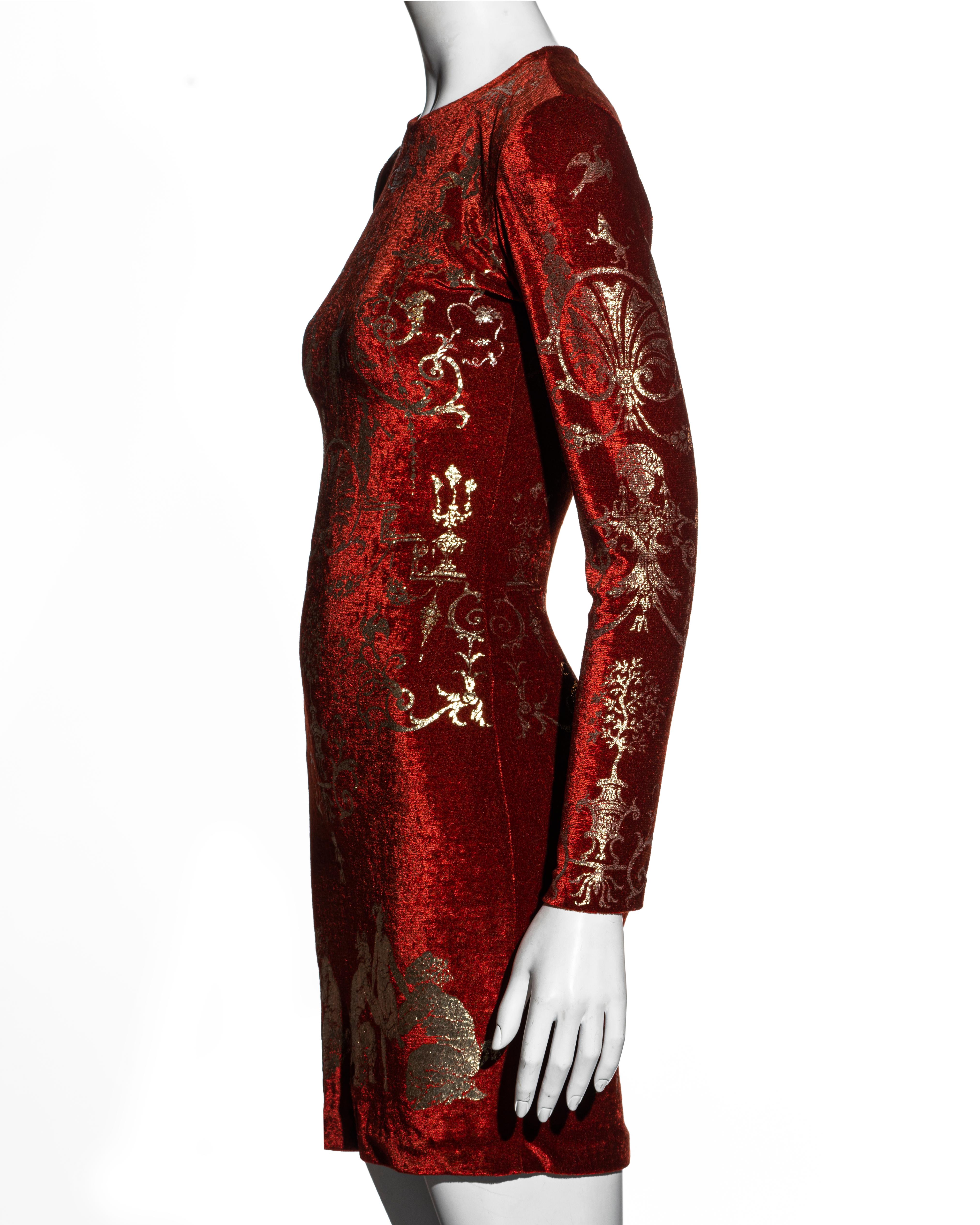 Vivienne Westwood red velvet bodycon dress with gold foil print, fw 1991 In Good Condition In London, GB