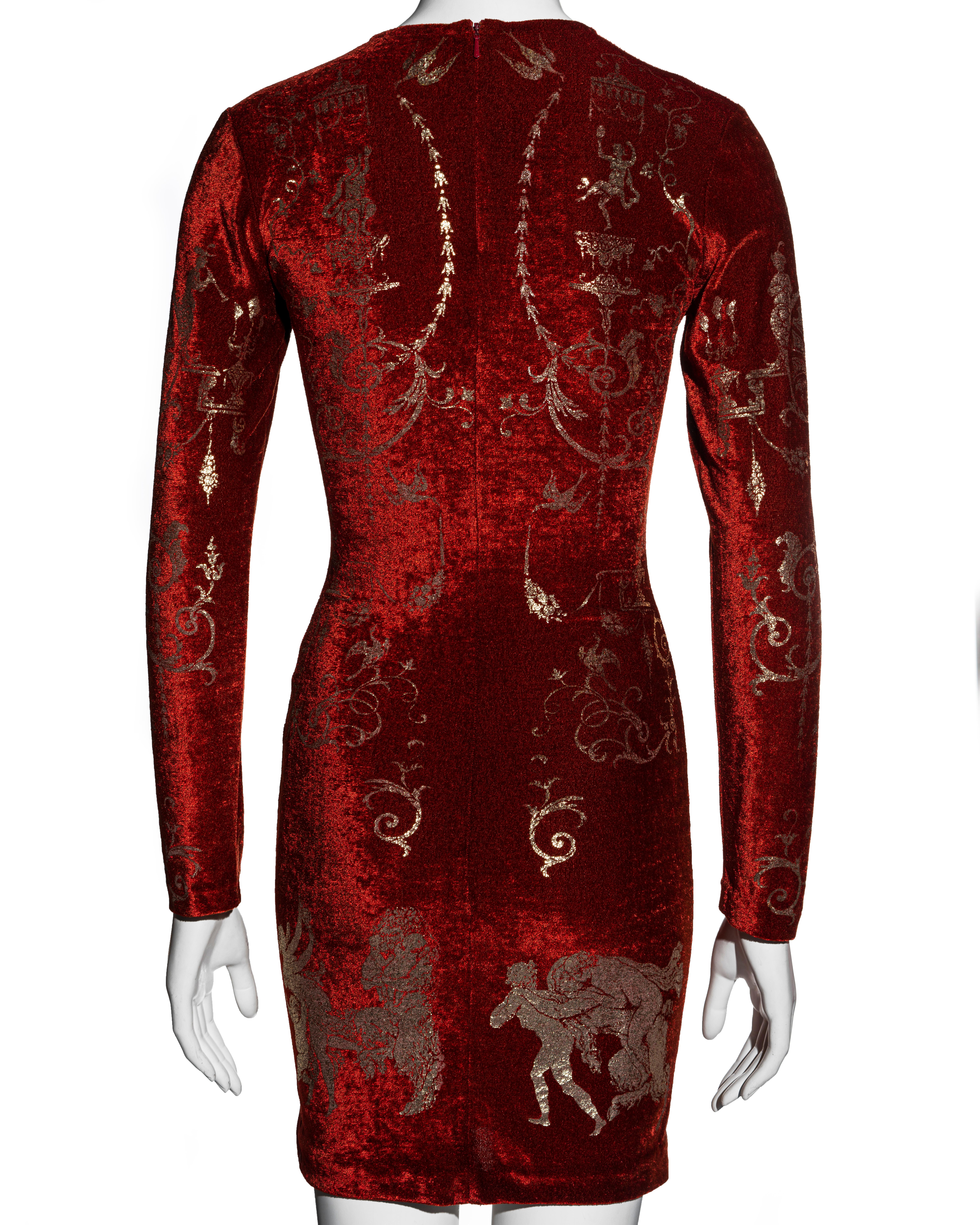 Vivienne Westwood red velvet bodycon dress with gold foil print, fw 1991 1
