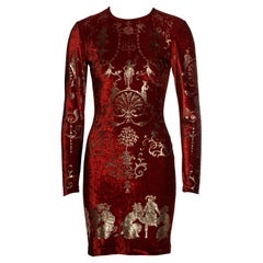Vivienne Westwood red velvet bodycon dress with gold foil print, fw 1991
