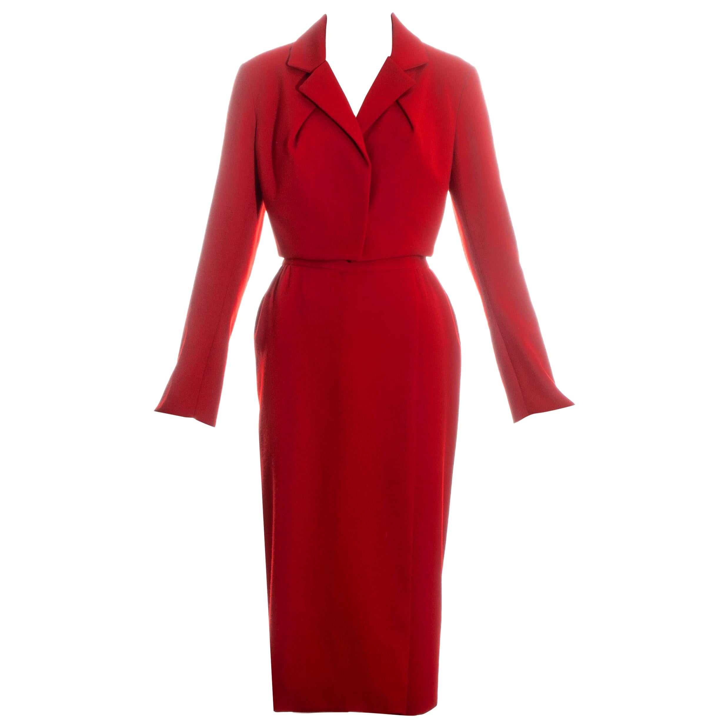Vivienne Westwood red wool cropped jacket and pencil skirt suit, fw 1993 For Sale