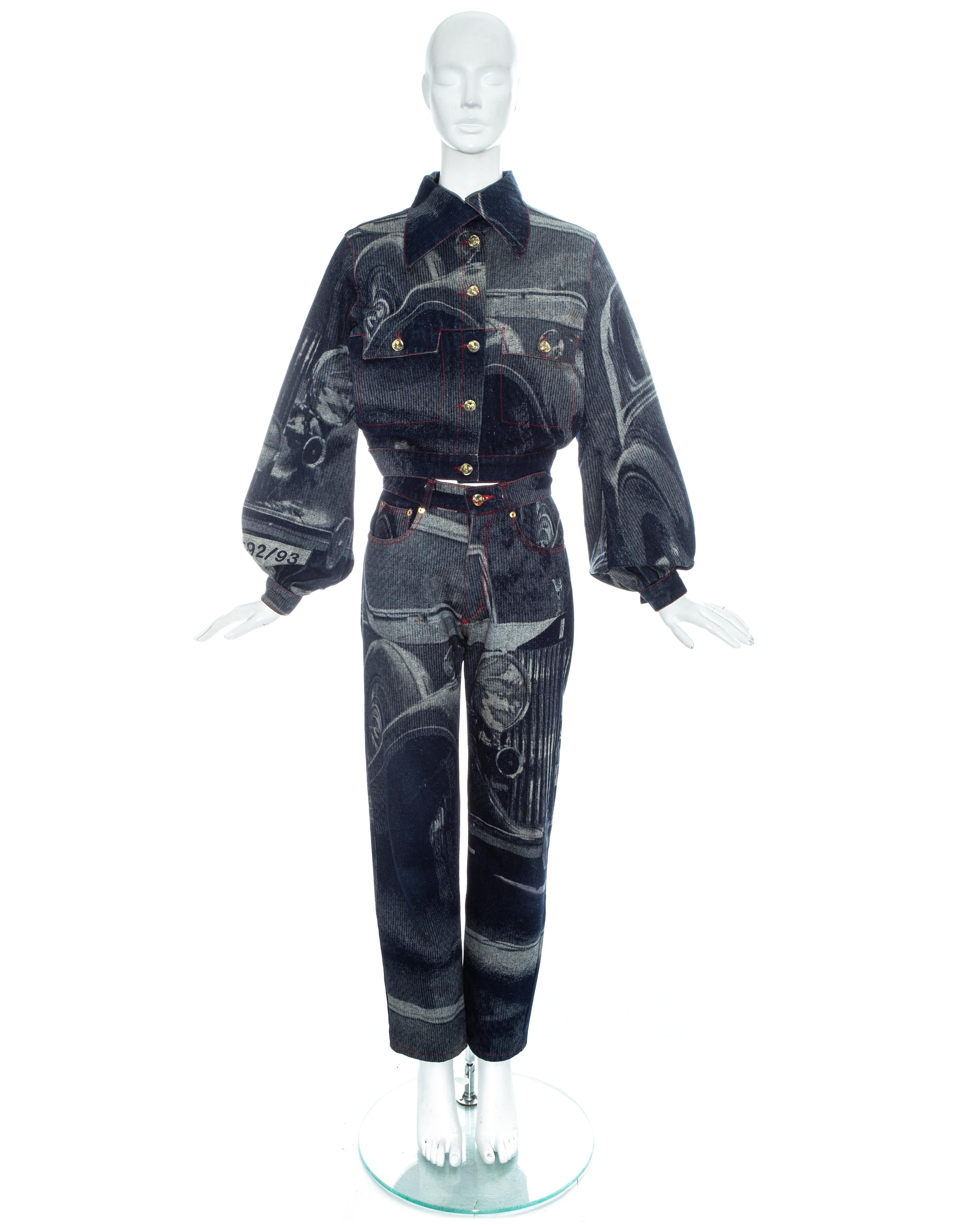 Vivienne Westwood Rolls Royce screen printed denim pant suit. High rise straight leg jeans and denim jacket with poet sleeves, clear orb buttons and adjustable waist closure.

Fall-Winter 1992