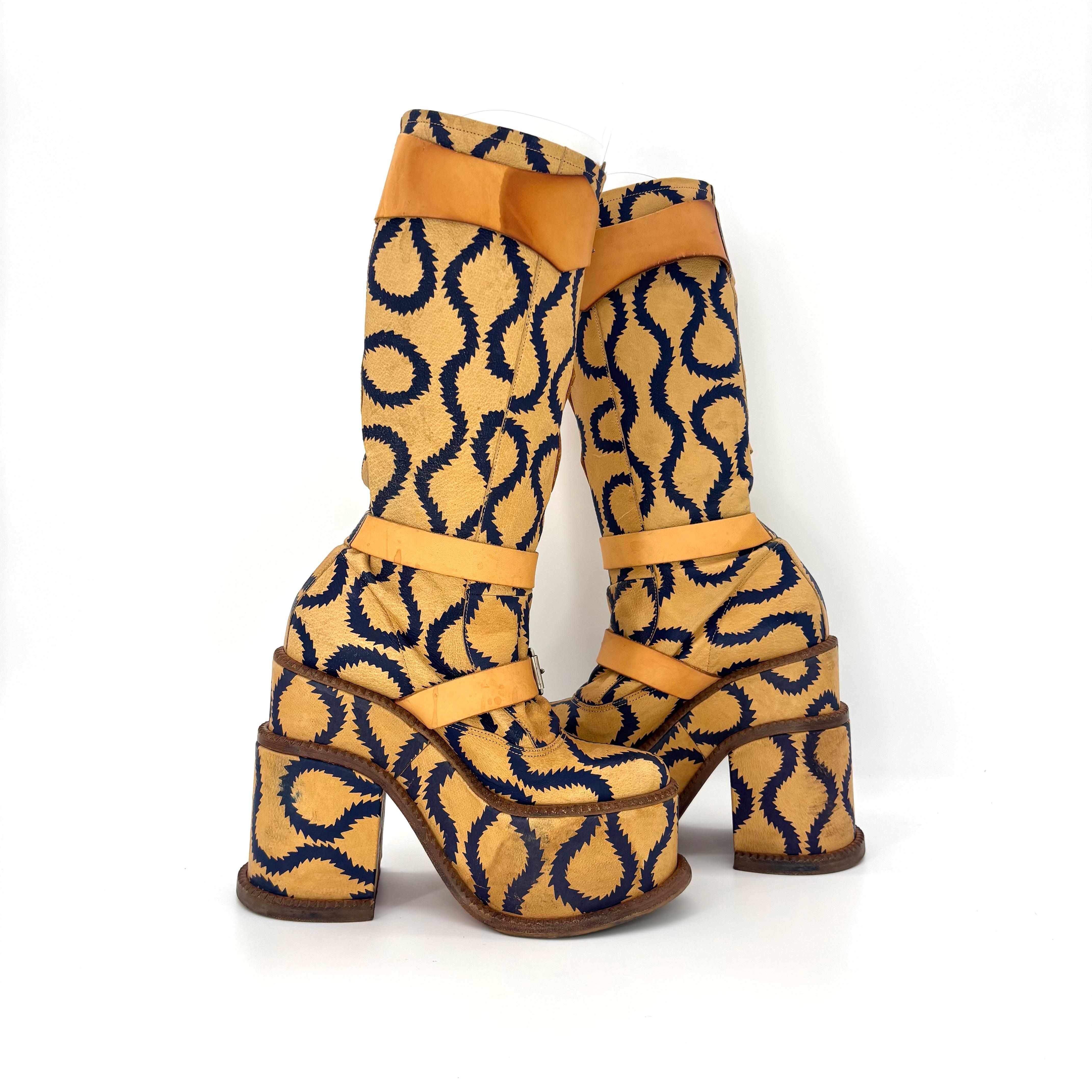Brown Vivienne Westwood Runway 2013 Pirate Clomper Squiggle Print Platform Boots 36 For Sale