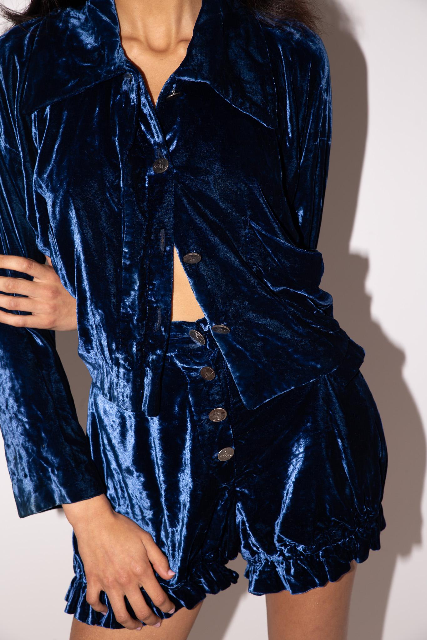 Vivienne Westwood S/S 1985 Mini Crini Blue Velvet Jacket & Bloomers Suit Set For Sale 1