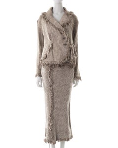 Vivienne Westwood S/S 1997 grey asymmetric frayed wool jacket and skirt suit