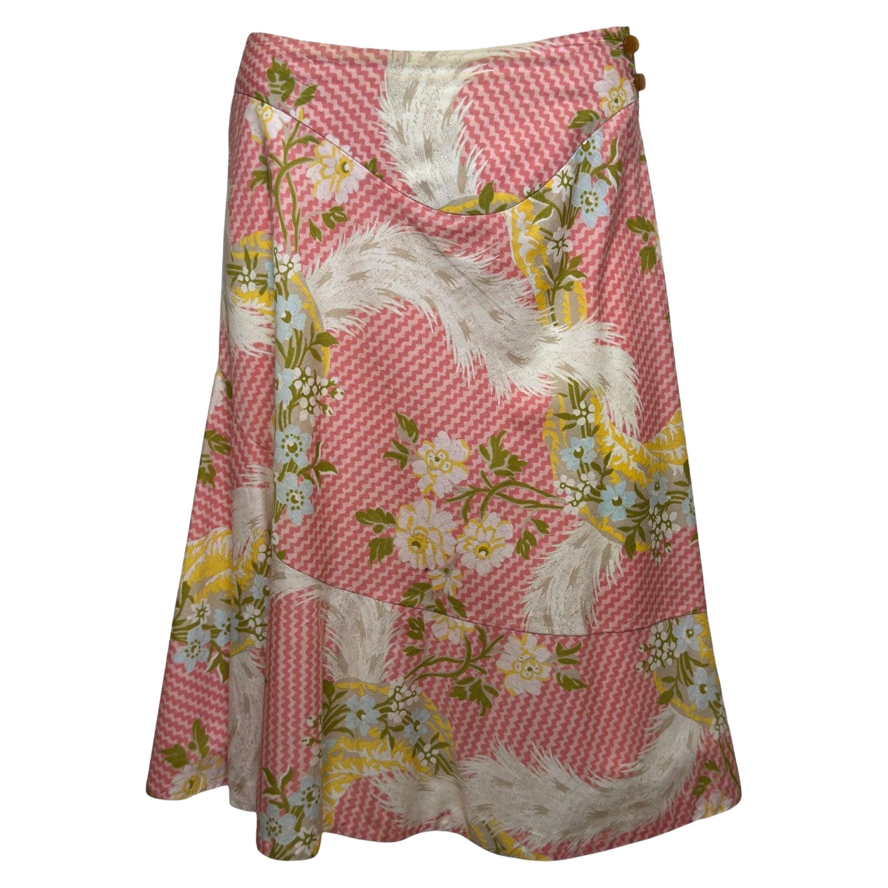 Vivienne Westwood S/S 2001 Pink Floral And Feather-Print Panelled A-Line Midi Skirt