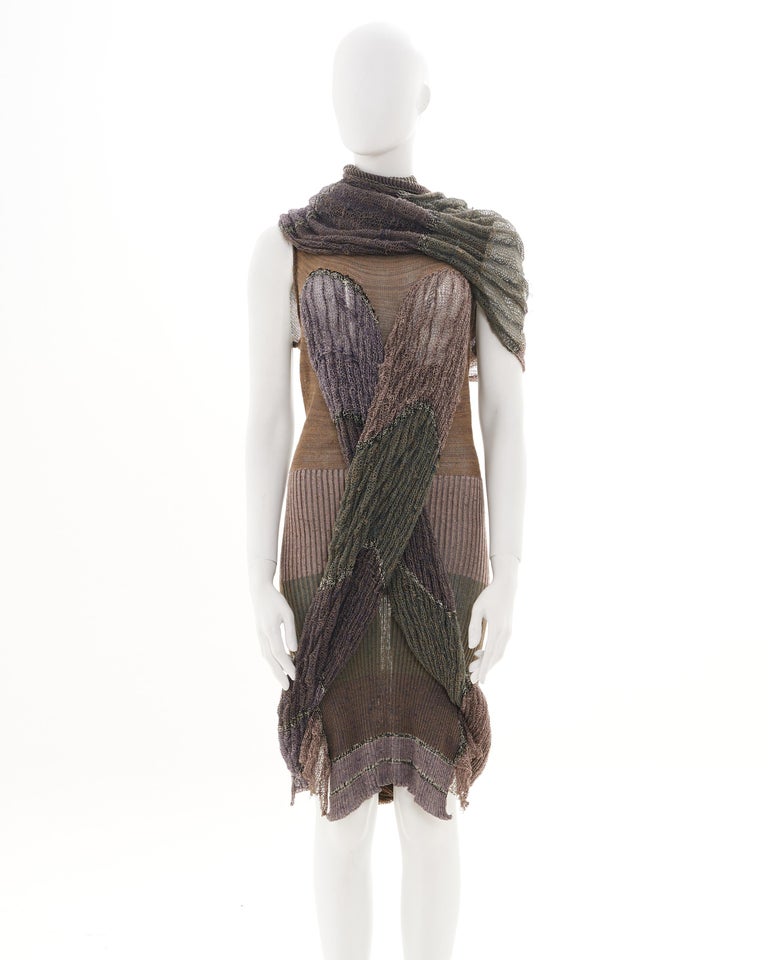 Vivienne Westwood S/S 2005 Multicolor distressed linen dress with tubular  scarf For Sale at 1stDibs