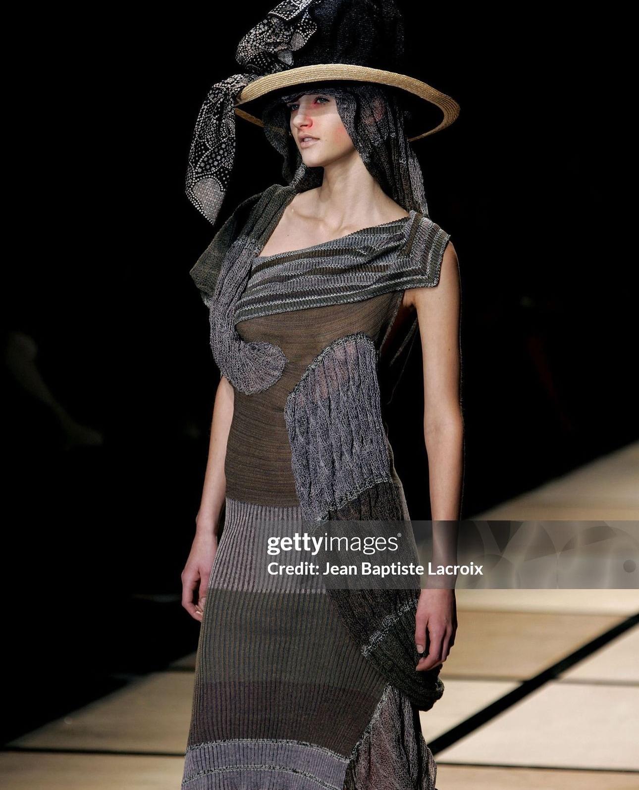 Gray Vivienne Westwood S/S 2005 Multicolor distressed linen dress with tubular scarf For Sale