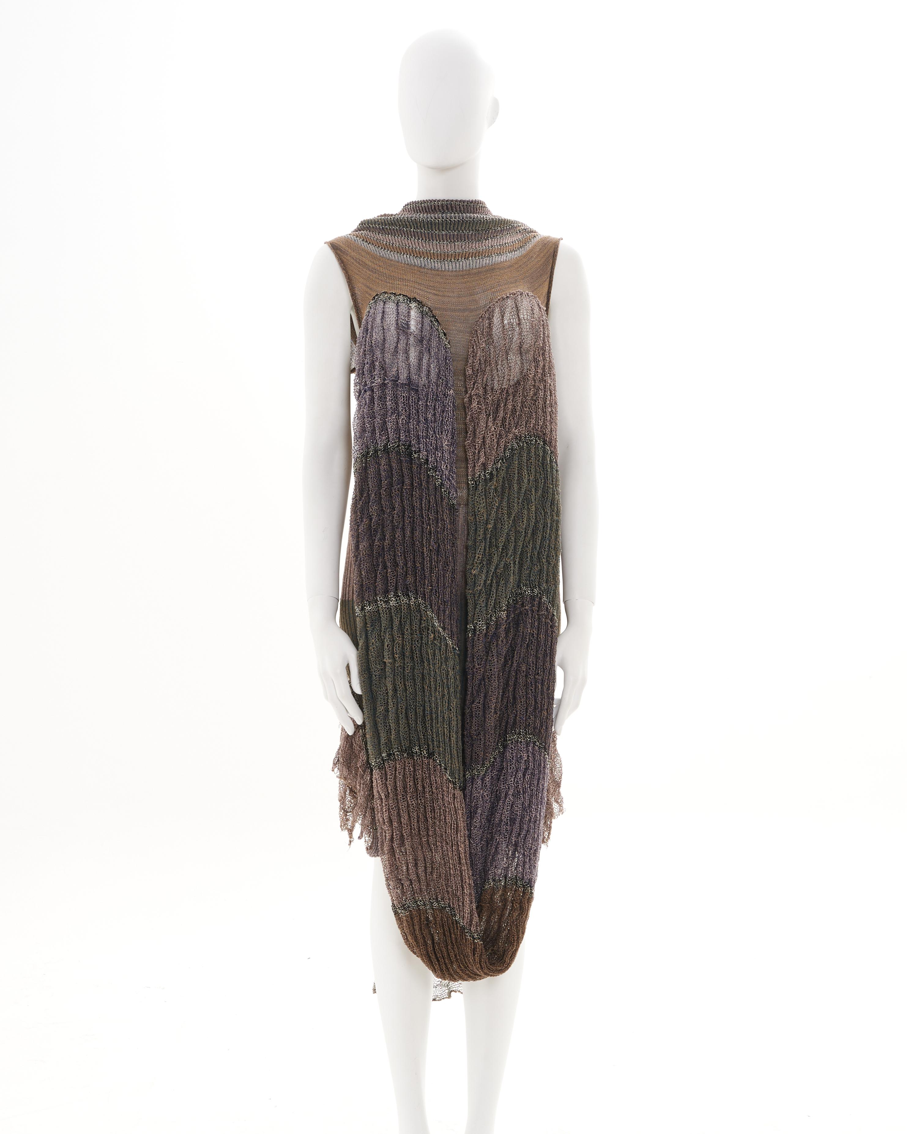 Vivienne Westwood S/S 2005 Multicolor distressed linen dress with tubular scarf In Excellent Condition For Sale In Milano, IT
