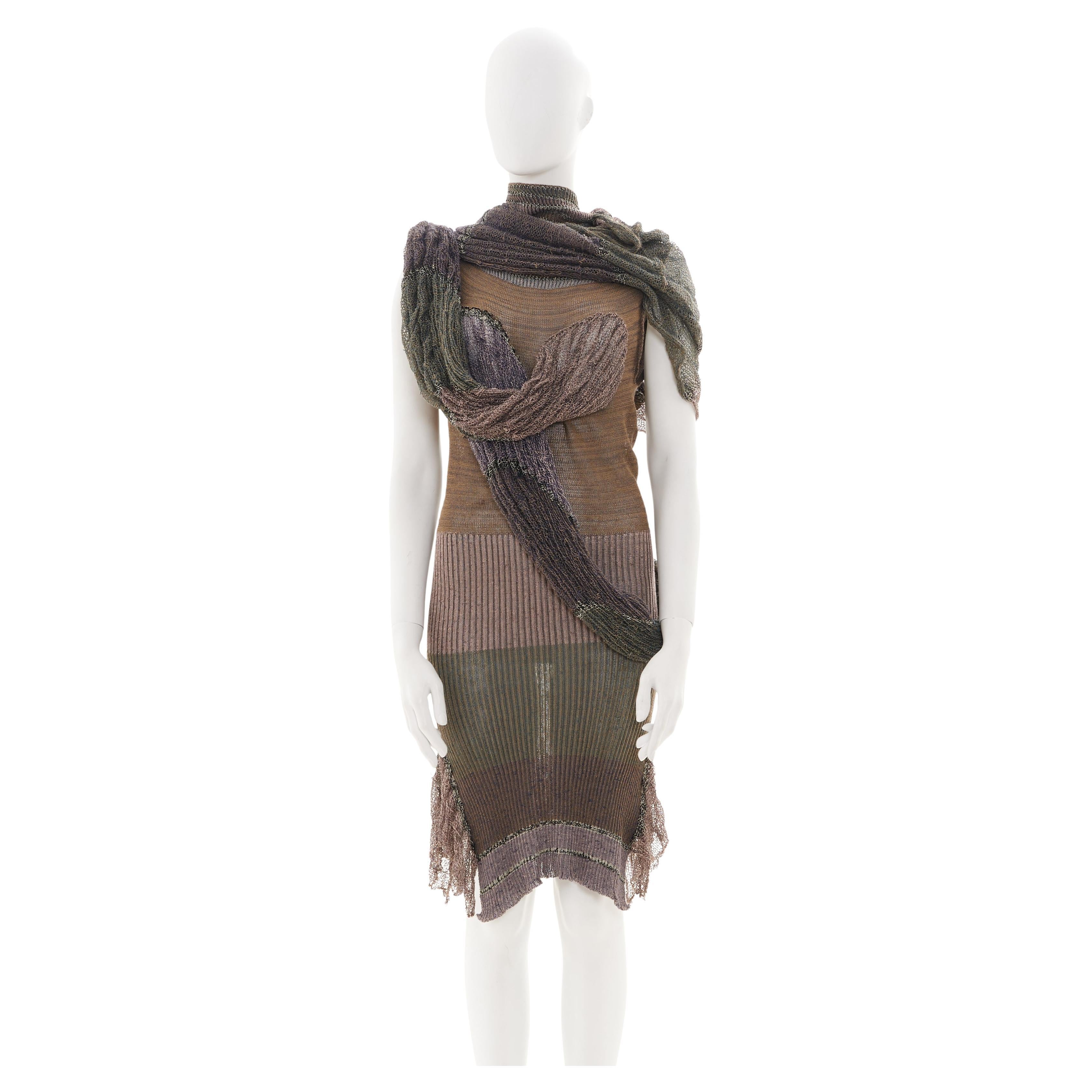 Vivienne Westwood S/S 2005 Multicolor distressed linen dress with tubular scarf For Sale