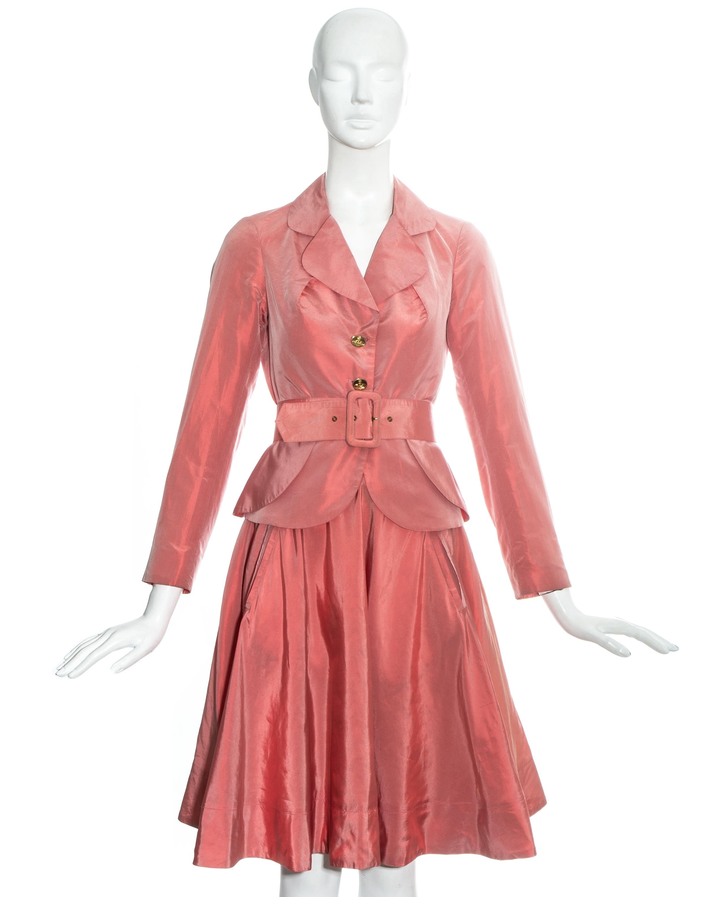 Vivienne Westwood salmon pink silk peplum blazer jacket and skirt suit with matching fabric belt

Spring-Summer 1994