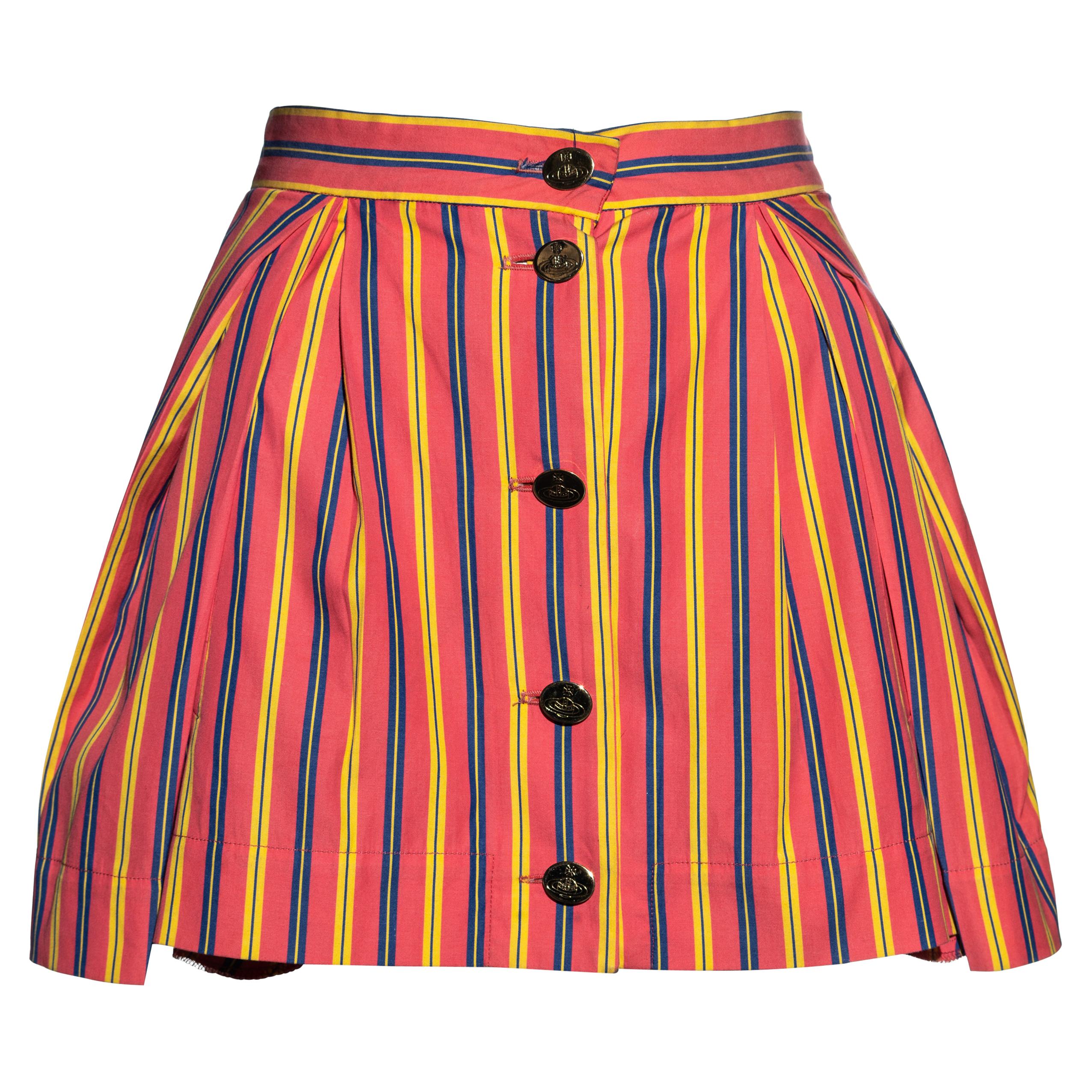 Vivienne Westwood salmon pink striped cotton pleated mini skirt, ss 1993 For Sale