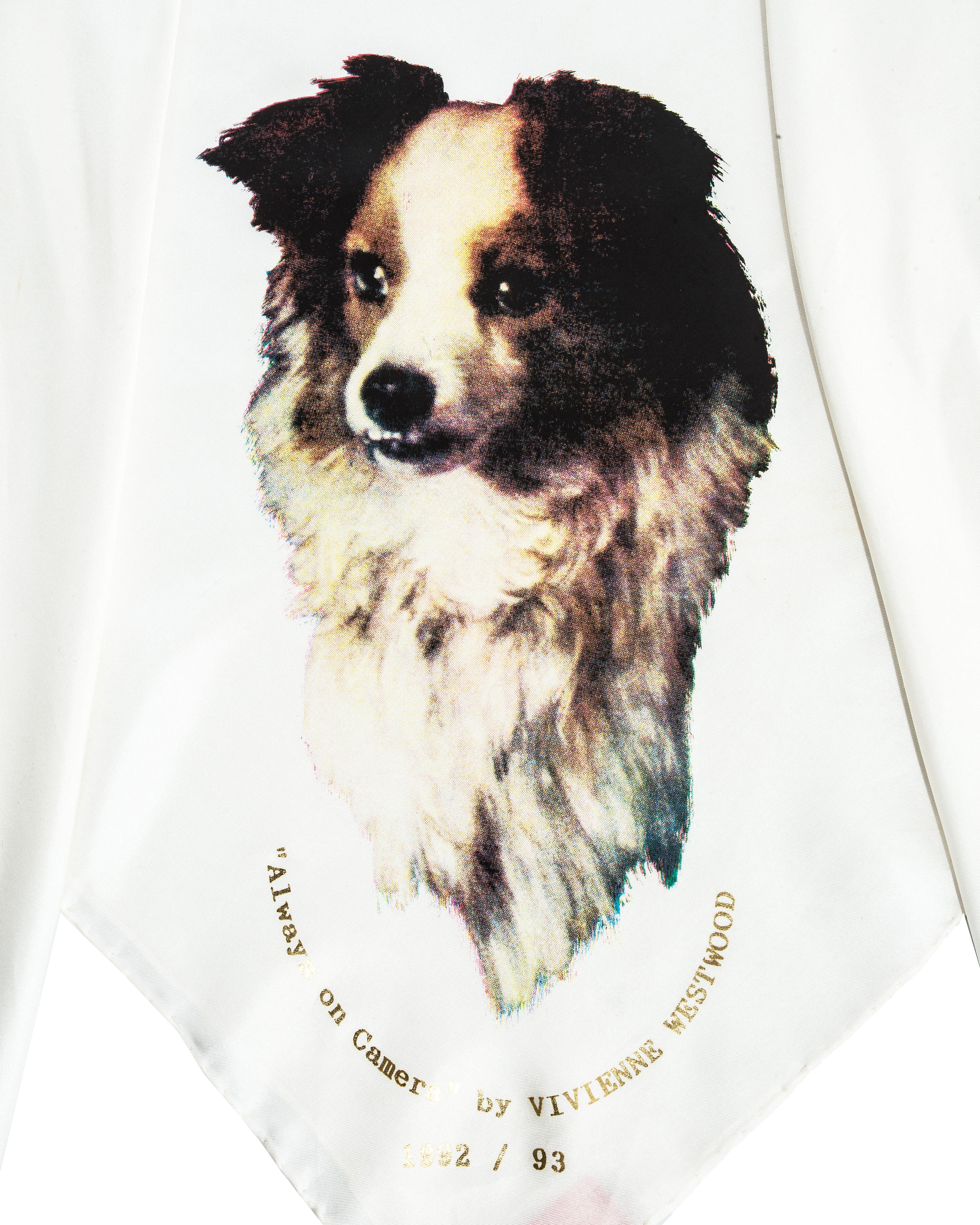 Vivienne Westwood ivory silk headscarf. Hand rolled hem, dog print with gold leaf text. 

'Always on Camera' Fall-Winter 1992