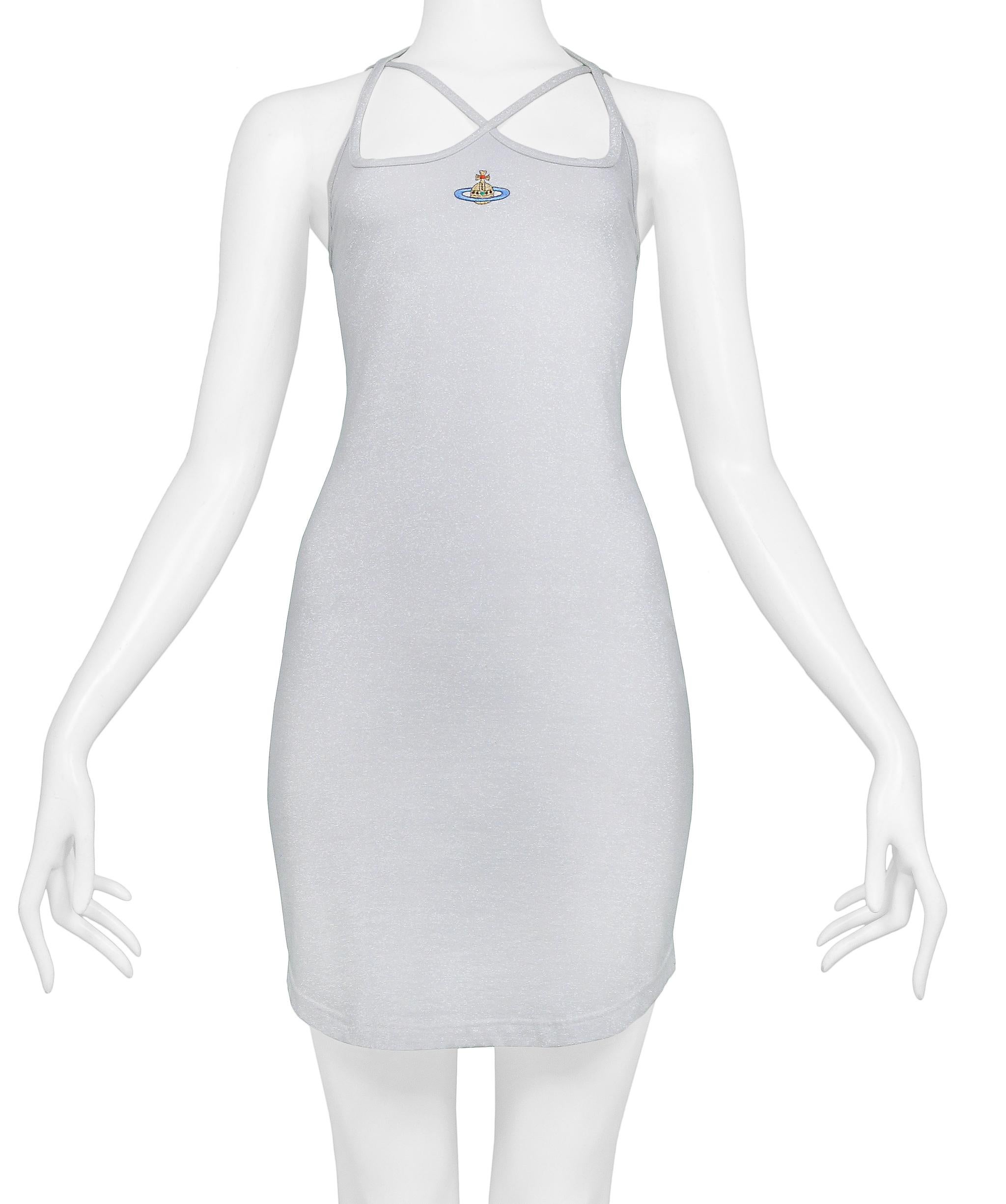 Vivienne Westwood Silber Glitter „ORB“ Criss-Cross Kleid 1998 im Angebot 1