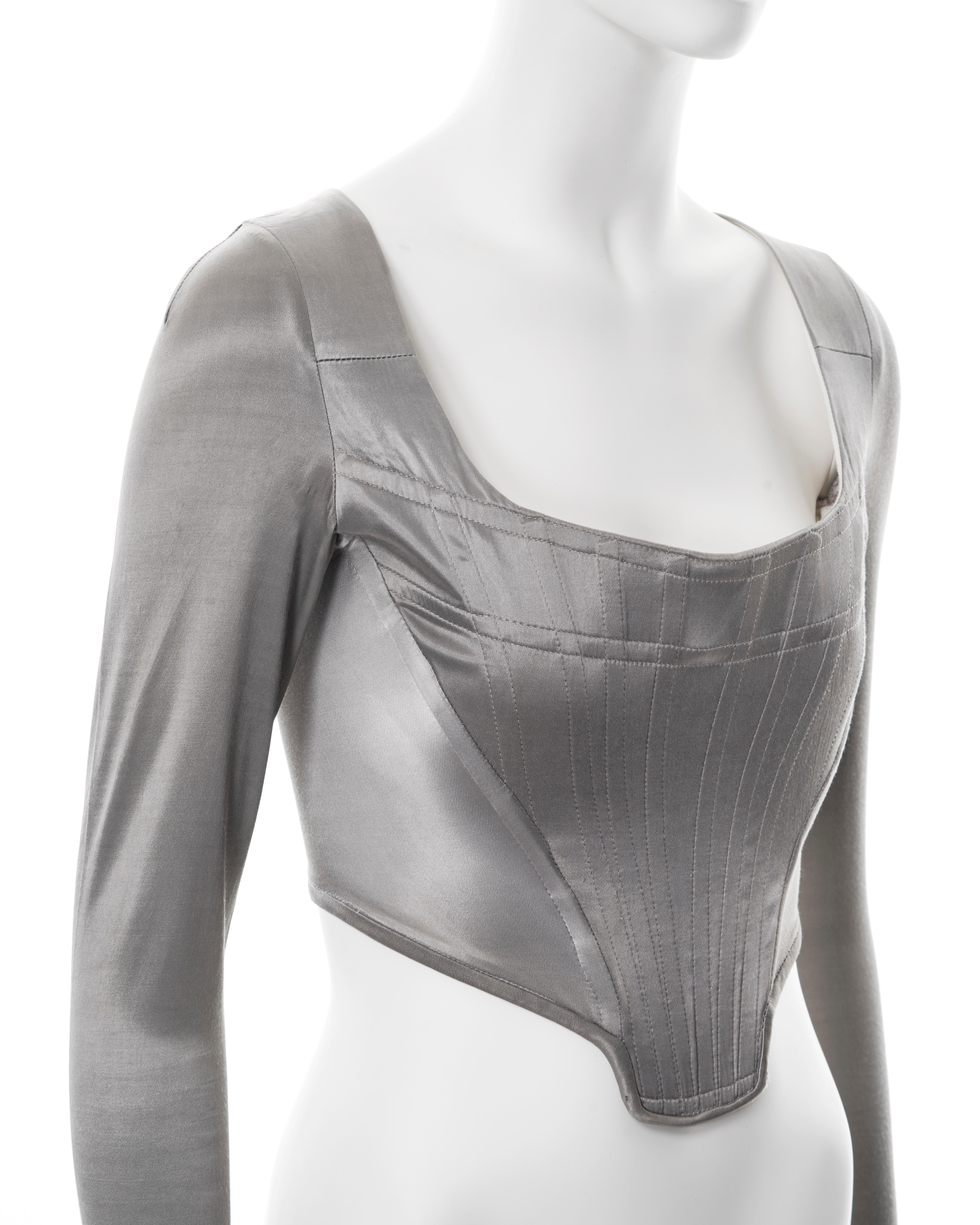 Silver Vivienne Westwood silver stretch satin long sleeve corset, ss 1992 For Sale
