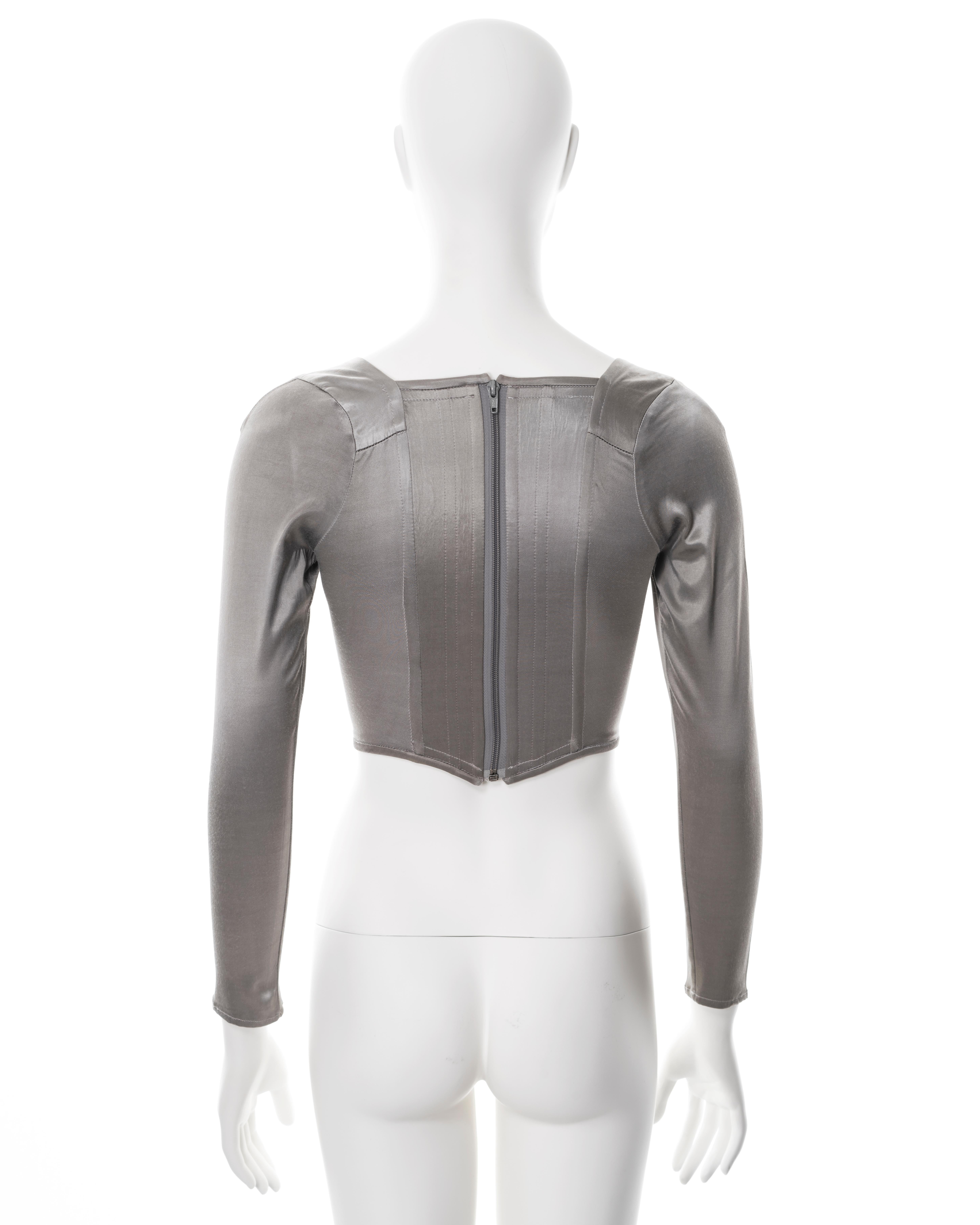 Women's Vivienne Westwood silver stretch satin long sleeve corset, ss 1992 For Sale