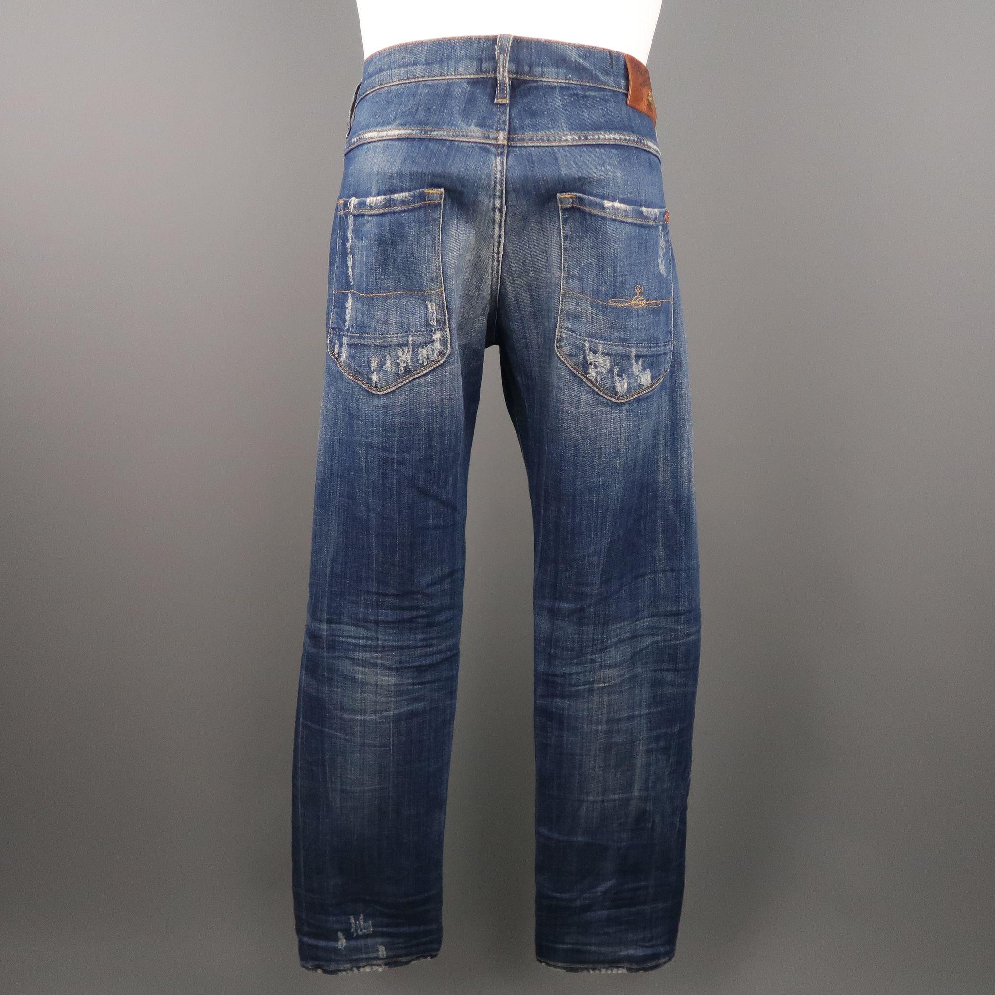 VIVIENNE WESTWOOD Size 30 Indigo Distressed Denim Jeans In Excellent Condition In San Francisco, CA