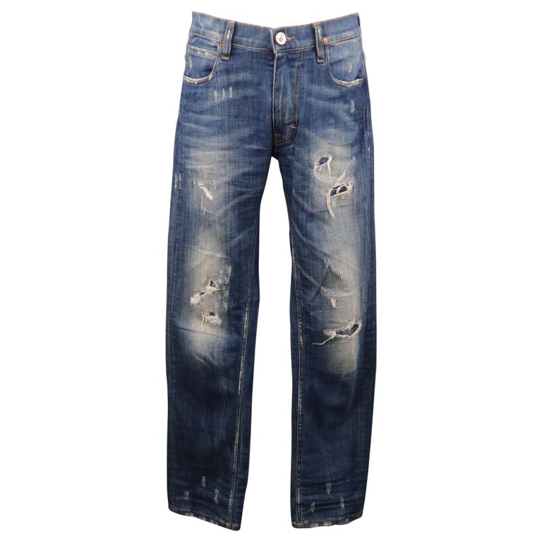 VIVIENNE WESTWOOD Size 30 Indigo Distressed Denim Jeans at 1stDibs