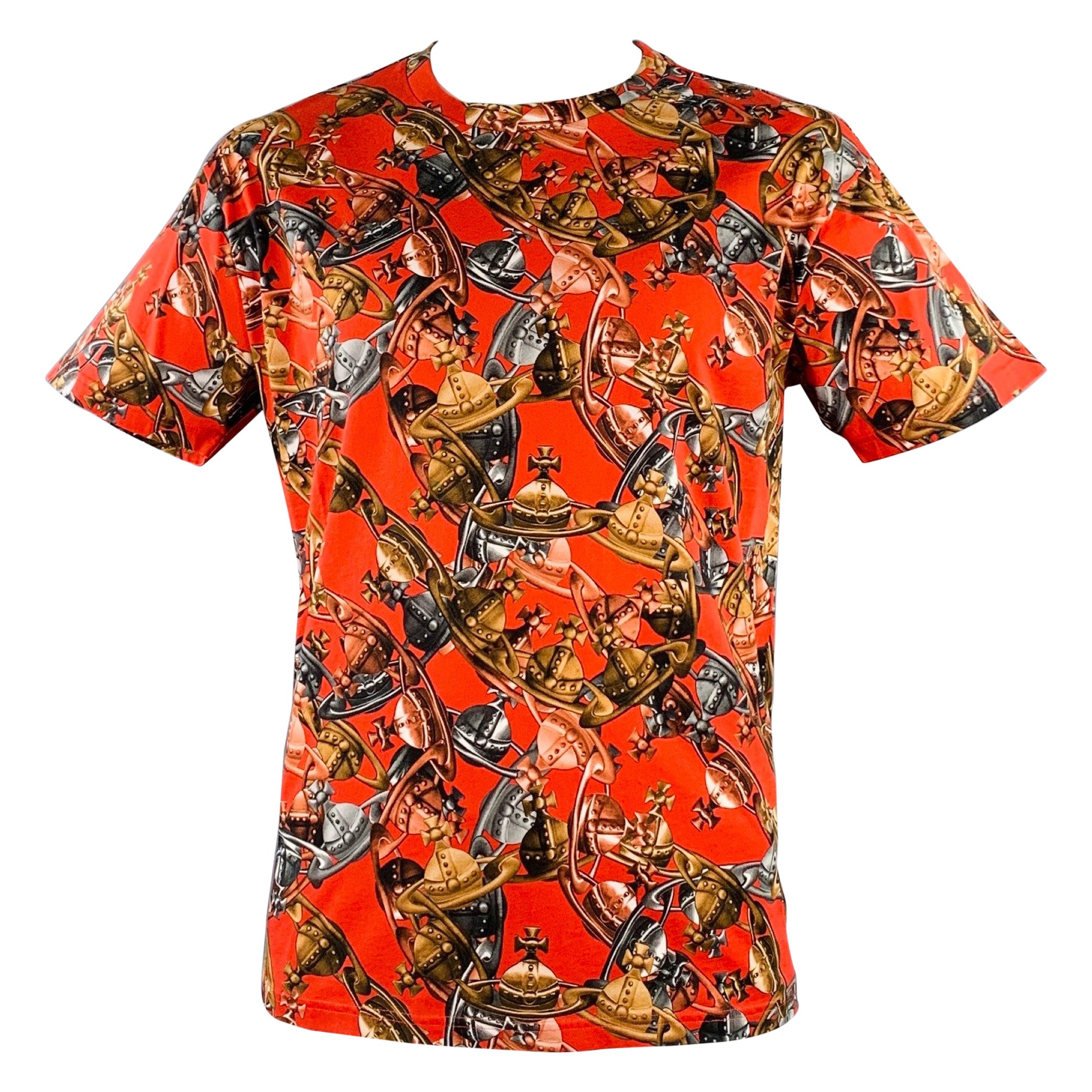 VIVIENNE WESTWOOD Size L Crazy Orbs Red Brown Logo Cotton Crew Neck T-shirt