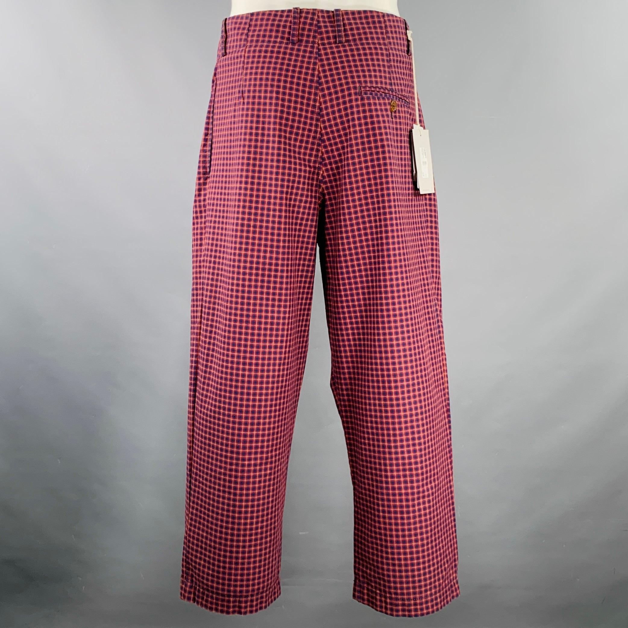 Brown VIVIENNE WESTWOOD Size S Alien Burgundy Navy Checkered Cotton Button Fly Dress Pants For Sale