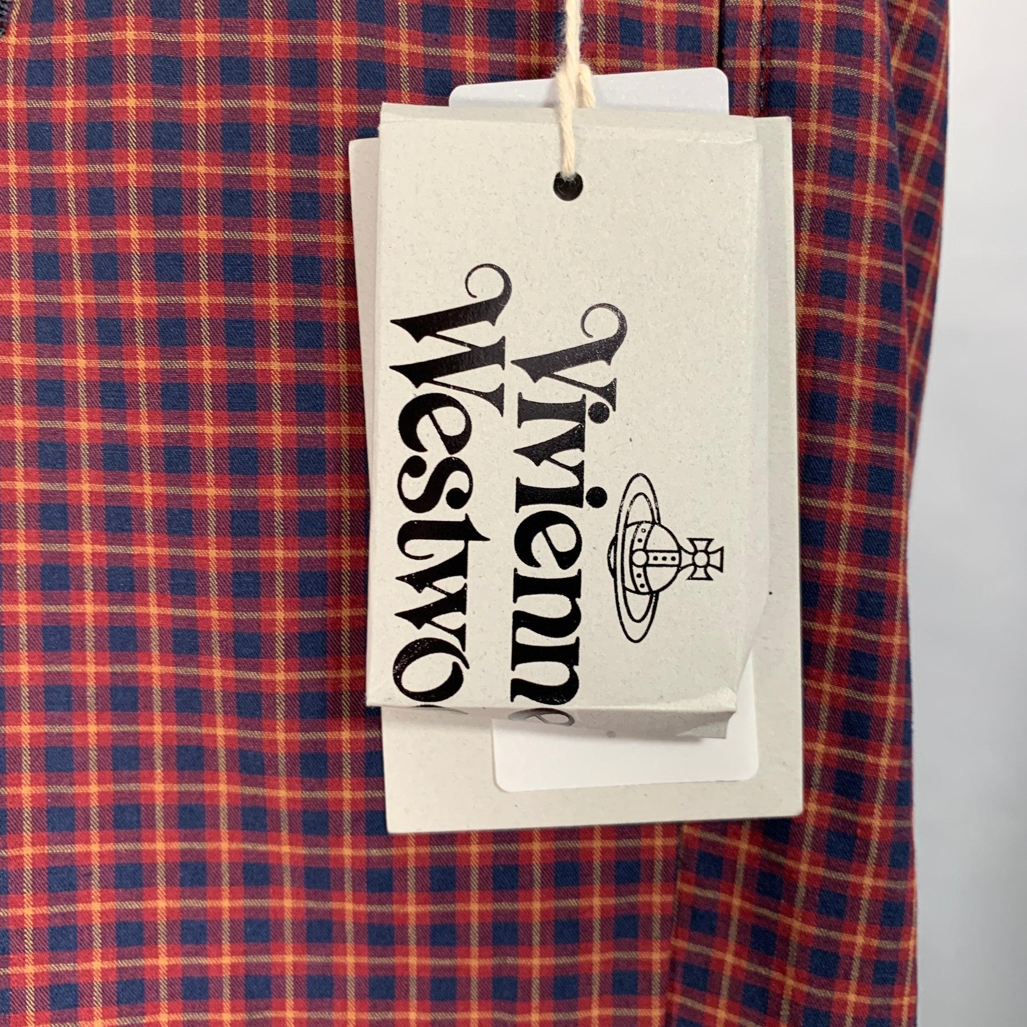 VIVIENNE WESTWOOD Size S Alien Burgundy Navy Checkered Cotton Button Fly Dress Pants In Excellent Condition For Sale In San Francisco, CA