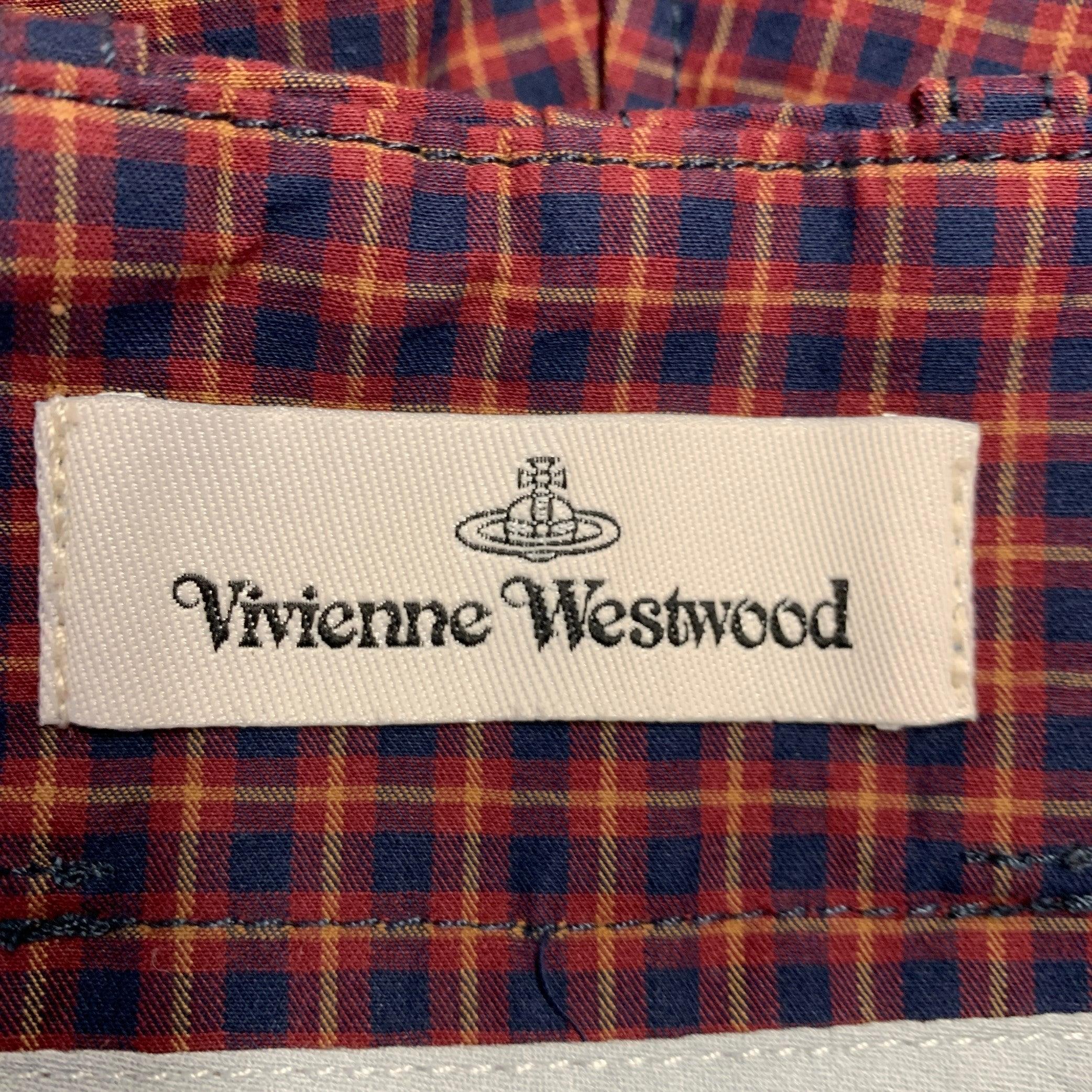 VIVIENNE WESTWOOD Size S Alien Burgundy Navy Checkered Cotton Button Fly Dress Pants For Sale 1