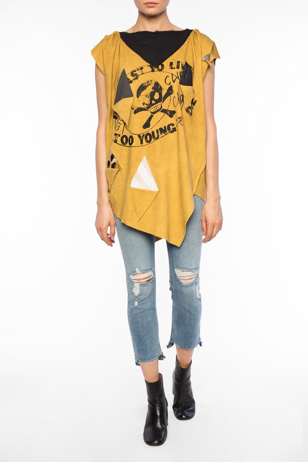 Vivienne Westwood Skull ’Too fast To Live Too Young to Dire’ Deconstructed Yellow Shredded Asymmetric Punk Rock Goth Tunic Shirt T-Shirt Tee

Yellow cotton oversize T-shirt from Vivienne Westwood Anglomania. Black sheer inserts. Print with motif of